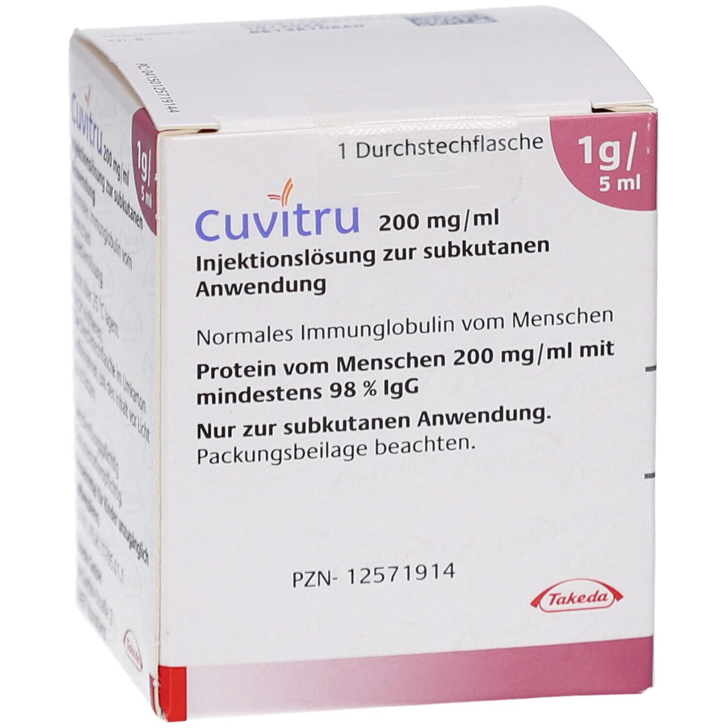 Karton mit Produktinformationen. Aufschrift: CUVITRU 200 mg/ml, 1g/5ml. Enthält Informationen zu Inhaltsstoffen und Anwendung.