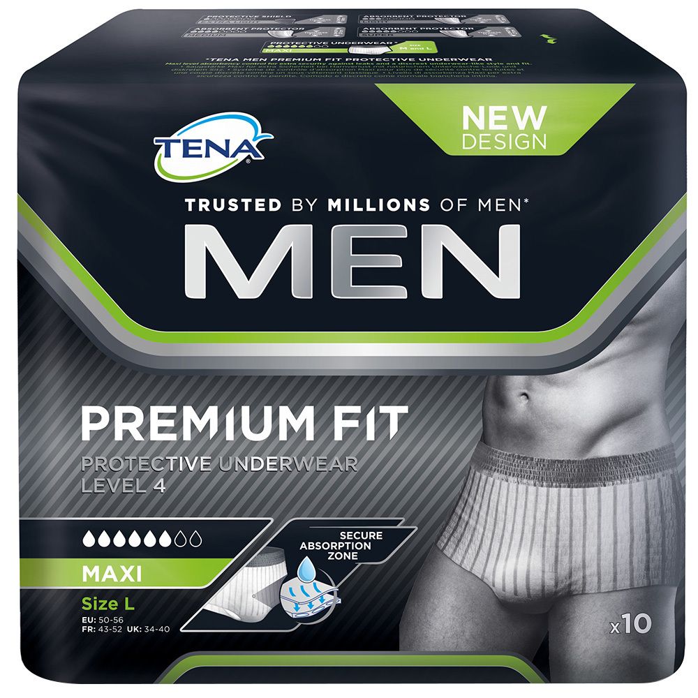 Verpackung TENA MEN Premium Fit Protective Underwear Level 4 L. Schwarze Verpackung mit Produktabbildung und Produktinformationen.
