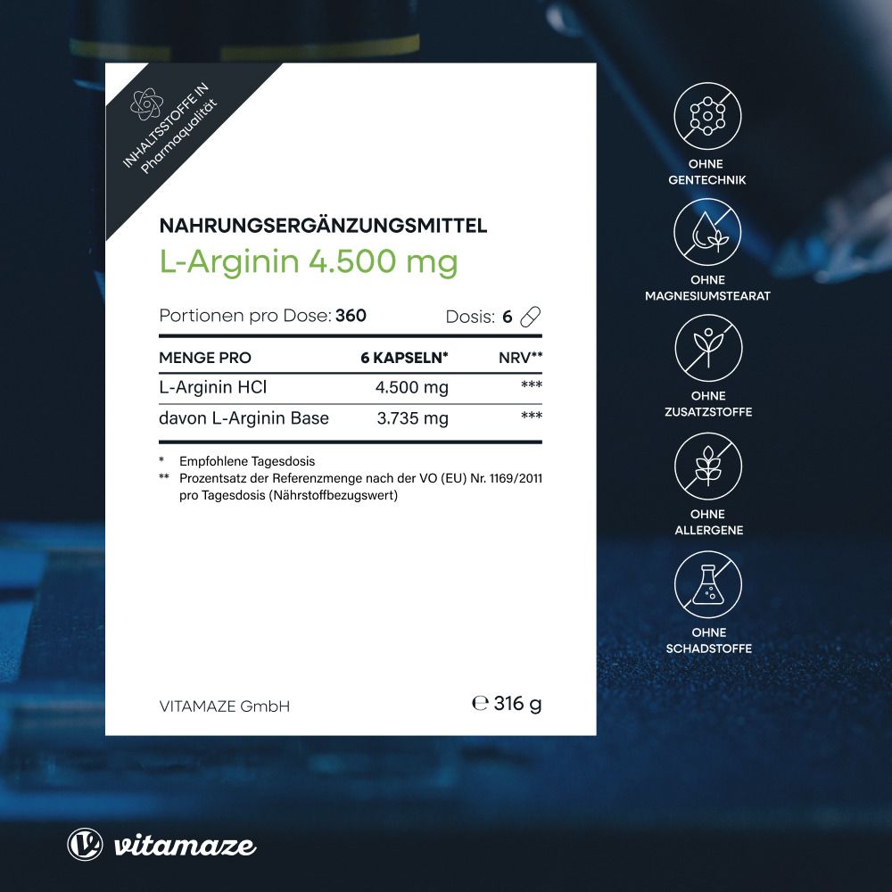 Weißes Etikett mit Text: Nahrungsergänzungsmittel L-Arginin 4.500 mg. Ohne Gentechnik, Magnesiumstearat, Zusatzstoffe, Allergene, Schadstoffe.