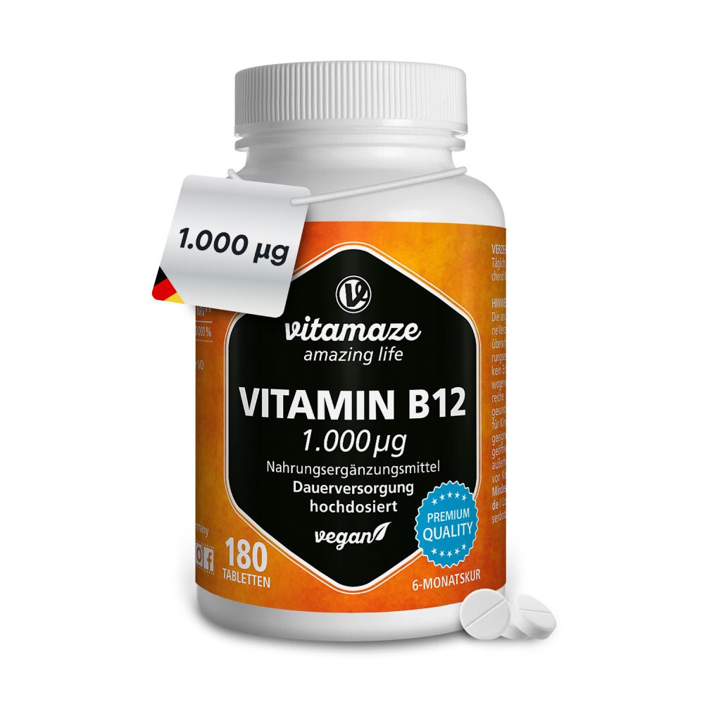 Weiße Flasche mit Vitamin B12-Tabletten. Etikett mit Text und 1.000 µg. Vegan, 180 Tabletten, 6-Monatskur.