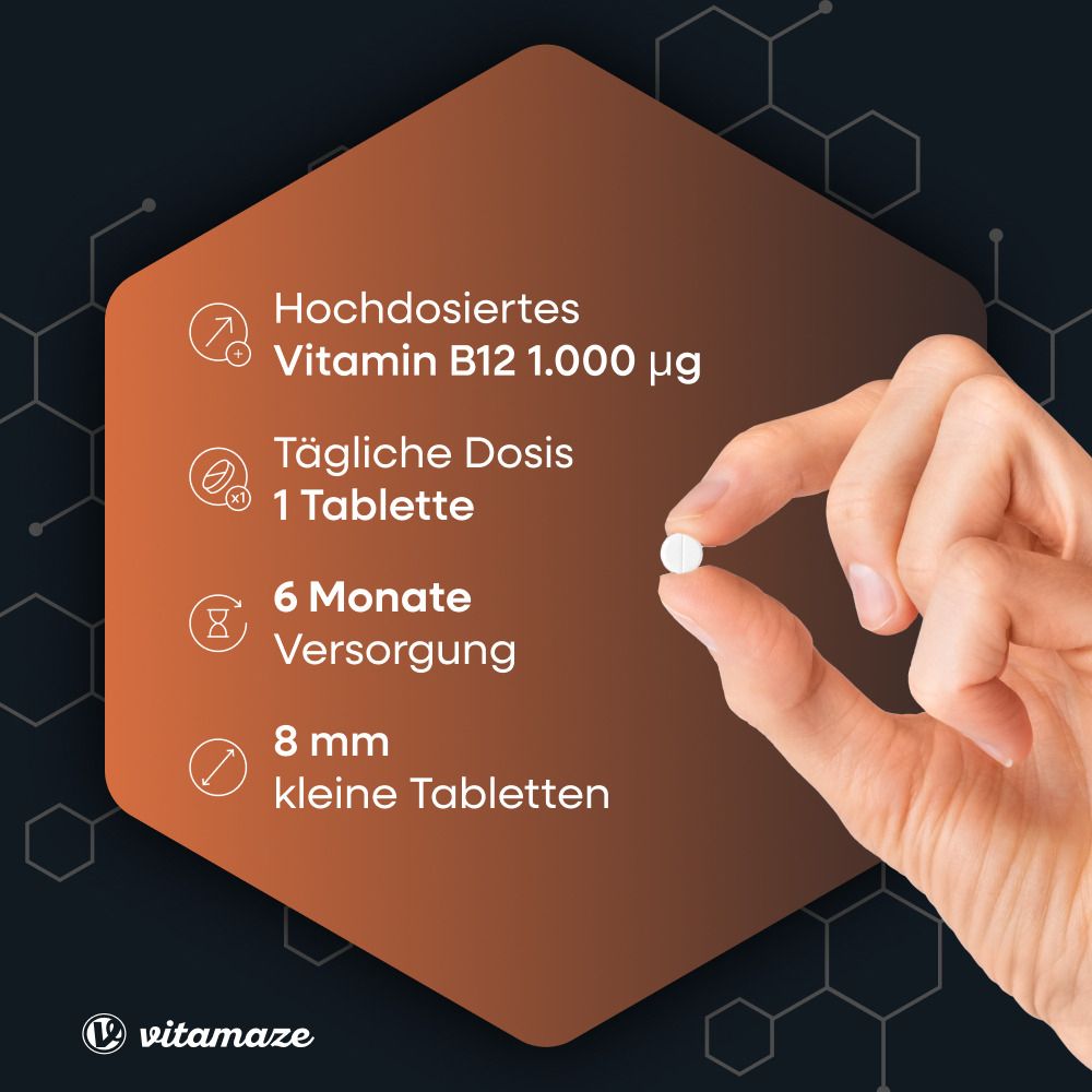 Hand hält Tablette. Text: Hochdosiertes Vitamin B12, 1 Tablette täglich, 6 Monate Versorgung, 8 mm kleine Tabletten.