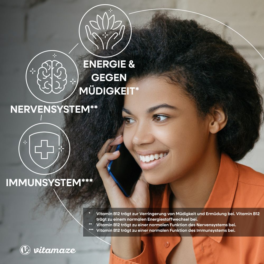 Frau telefoniert. Text: Energie & gegen Müdigkeit, Nervensystem, Immunsystem. Vitamaze Logo.