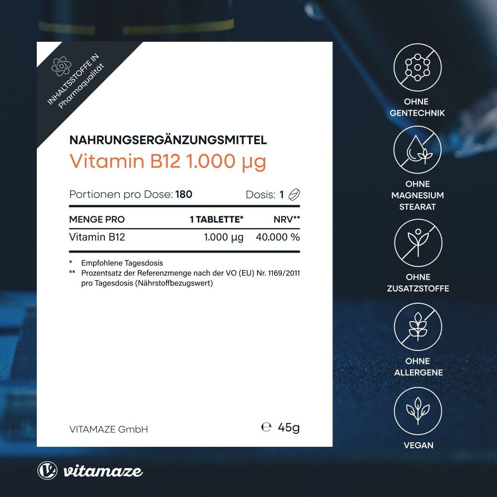 Nahrungsergänzungsmittel Vitamin B12. 1 Tablette, 1.000 µg. Ohne Gentechnik, Magnesiumstearat, Zusatzstoffe, Allergene, vegan.