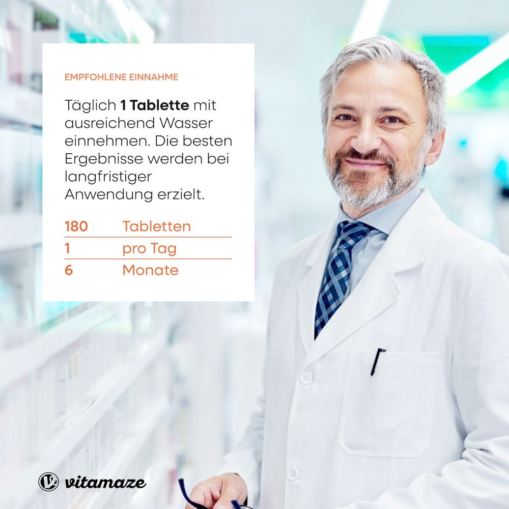 Arzt mit Text: Täglich 1 Tablette mit Wasser. 180 Tabletten, 1 pro Tag, 6 Monate.