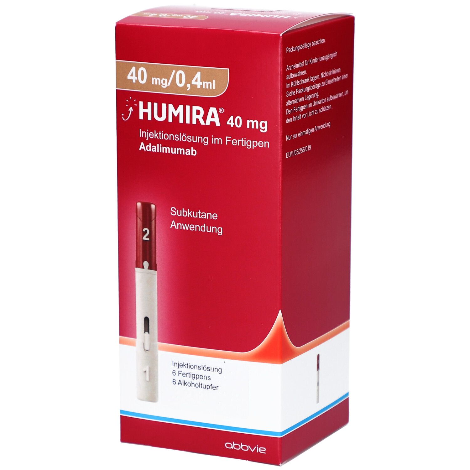 Rote Humira-Verpackung. Enthält 6 Fertigpens und Alkoholtupfer. Aufschrift: Humira 40 mg/0,4 ml. Subkutane Anwendung.