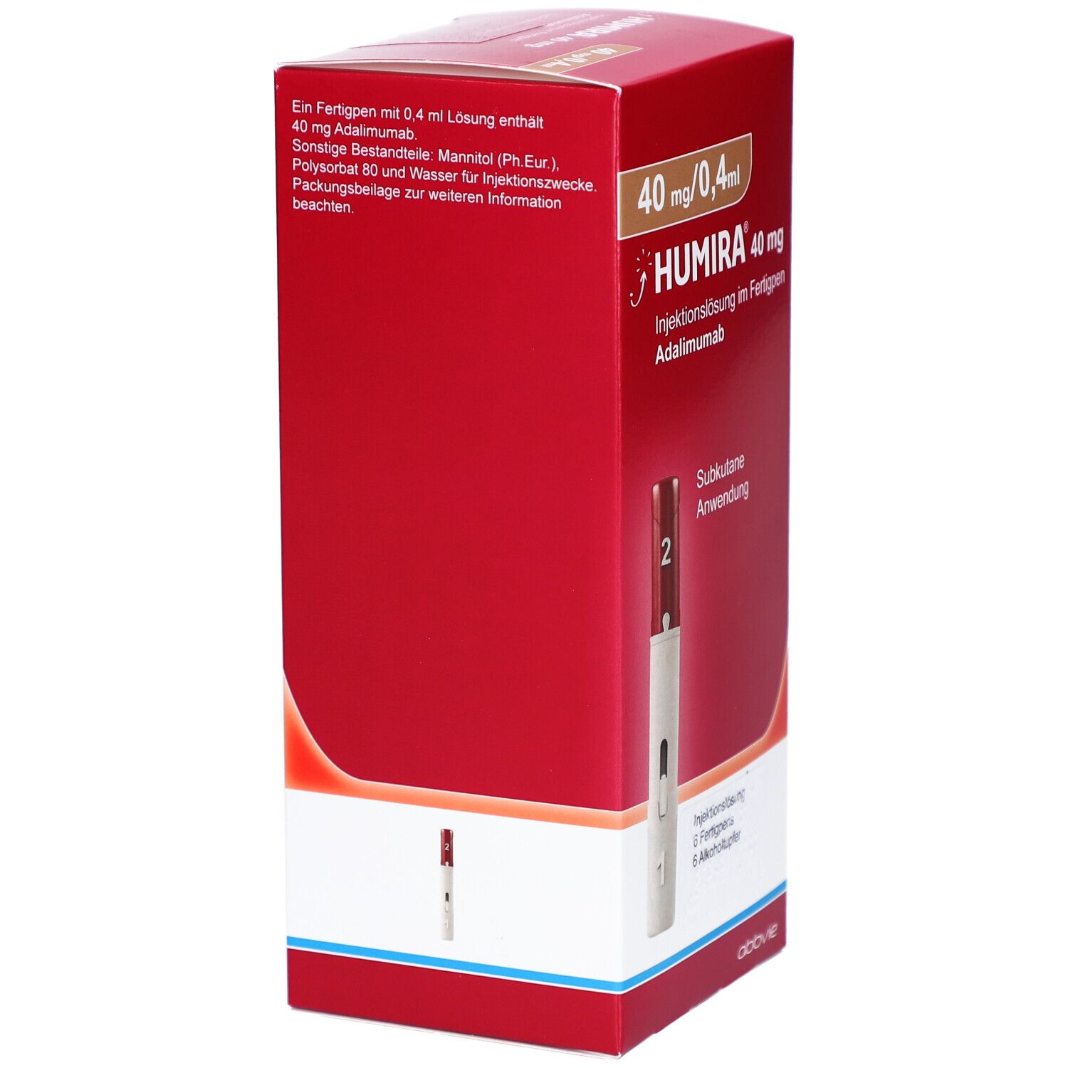 Rote Humira-Verpackung. Enthält 40 mg Adalimumab. Aufschrift: Humira 40 mg/0,4 ml. Subkutane Anwendung. Kleines Bild des Injektors.