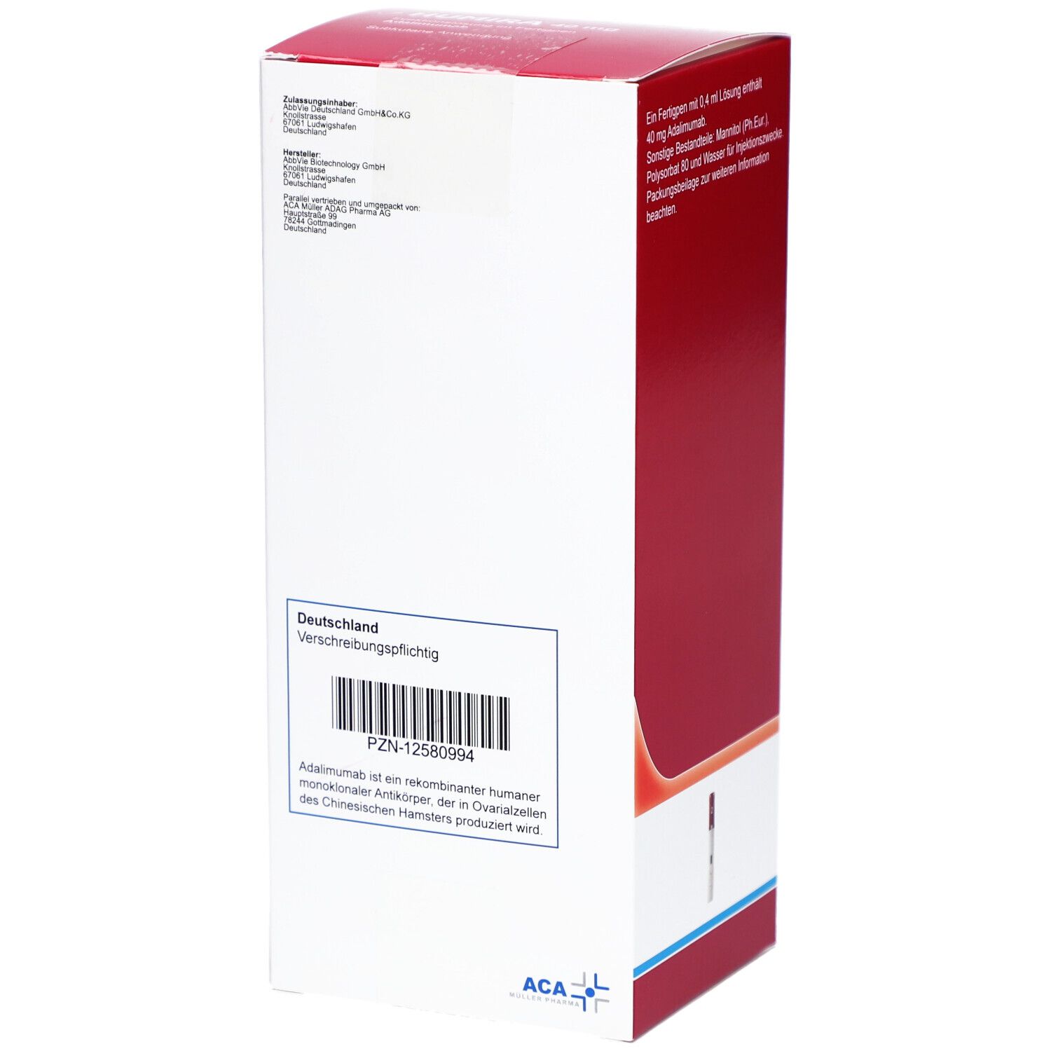 Rückseite der Humira-Verpackung. Enthält Informationen und Barcode. Aufschrift: Verschreibungspflichtig. ACA-Logo.