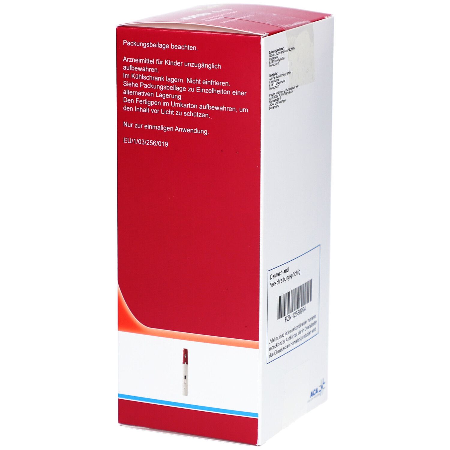 Seite der Humira-Verpackung. Enthält Informationen zur Lagerung und Anwendung. Aufschrift: Arzneimittel für Kinder unzugänglich aufbewahren.