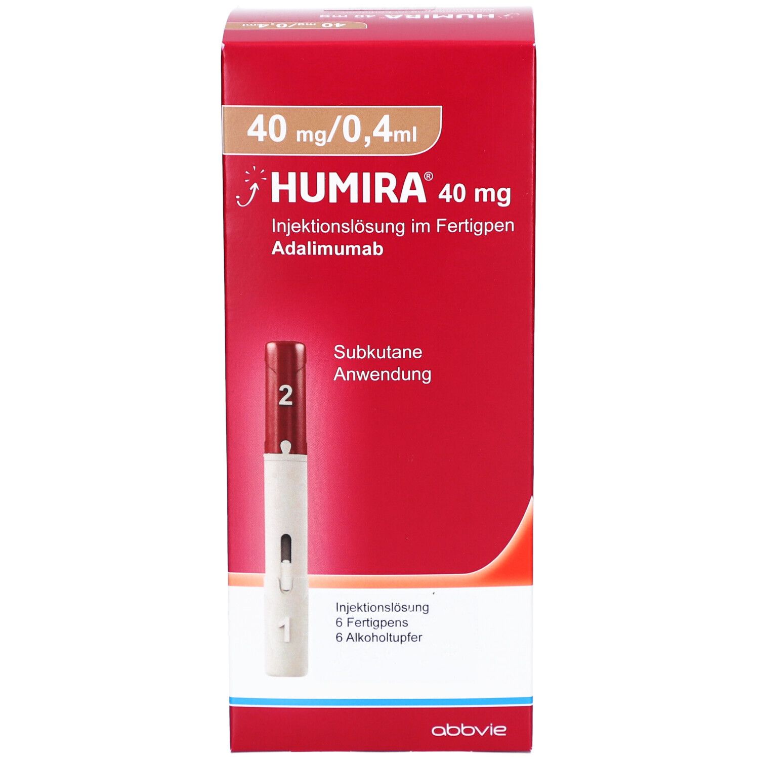 Rote Humira-Verpackung. Enthält 6 Fertigpens und Alkoholtupfer. Aufschrift: Humira 40 mg/0,4 ml. Subkutane Anwendung.