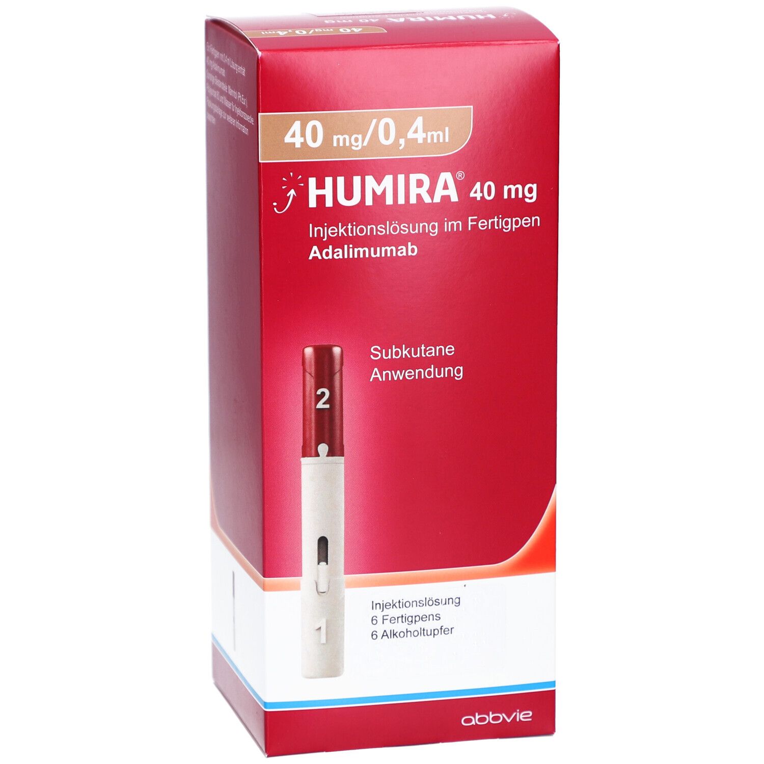 Rote Humira-Verpackung. Enthält 6 Fertigpens und Alkoholtupfer. Aufschrift: Humira 40 mg/0,4 ml. Subkutane Anwendung.