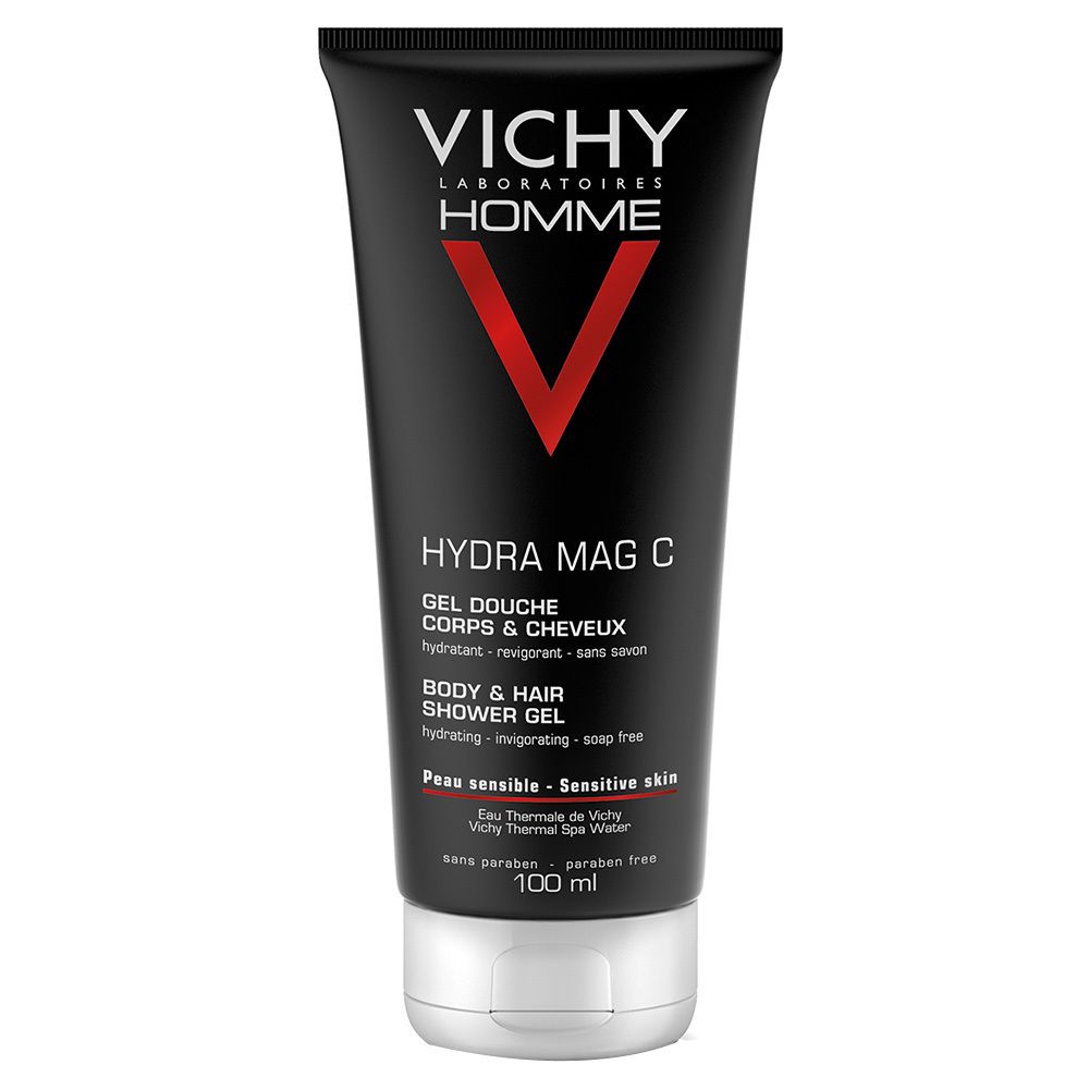 Schwarze Tube mit Produktbezeichnung Hydra Mag C, Marke VICHY HOMME. Text: Gel Douche Corps & Cheveux, für empfindliche Haut.