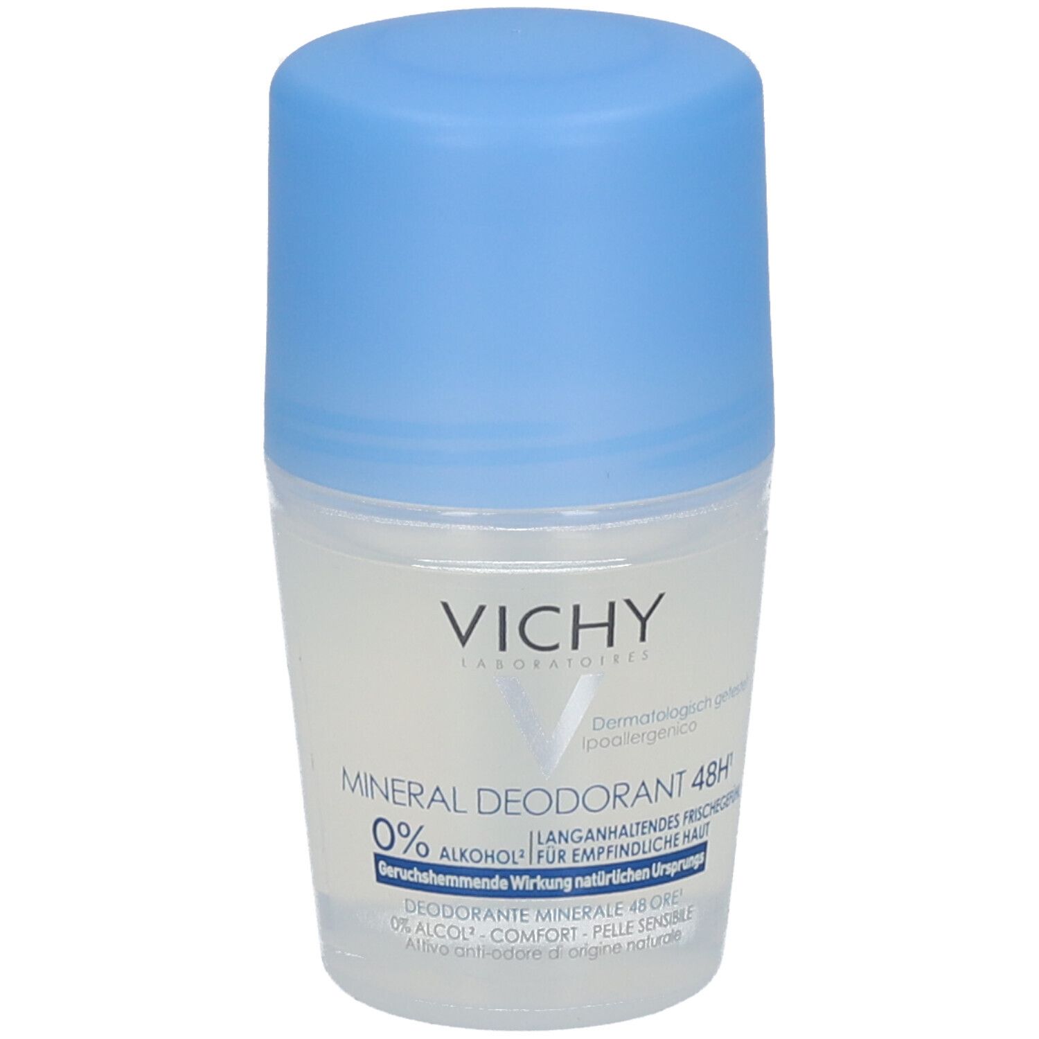 VICHY Mineral Deodorant 48h Roll-On. Weißes Gehäuse, blauer Deckel. Aufschrift: 0% Alkohol, für empfindliche Haut. Dermatologisch getestet.
