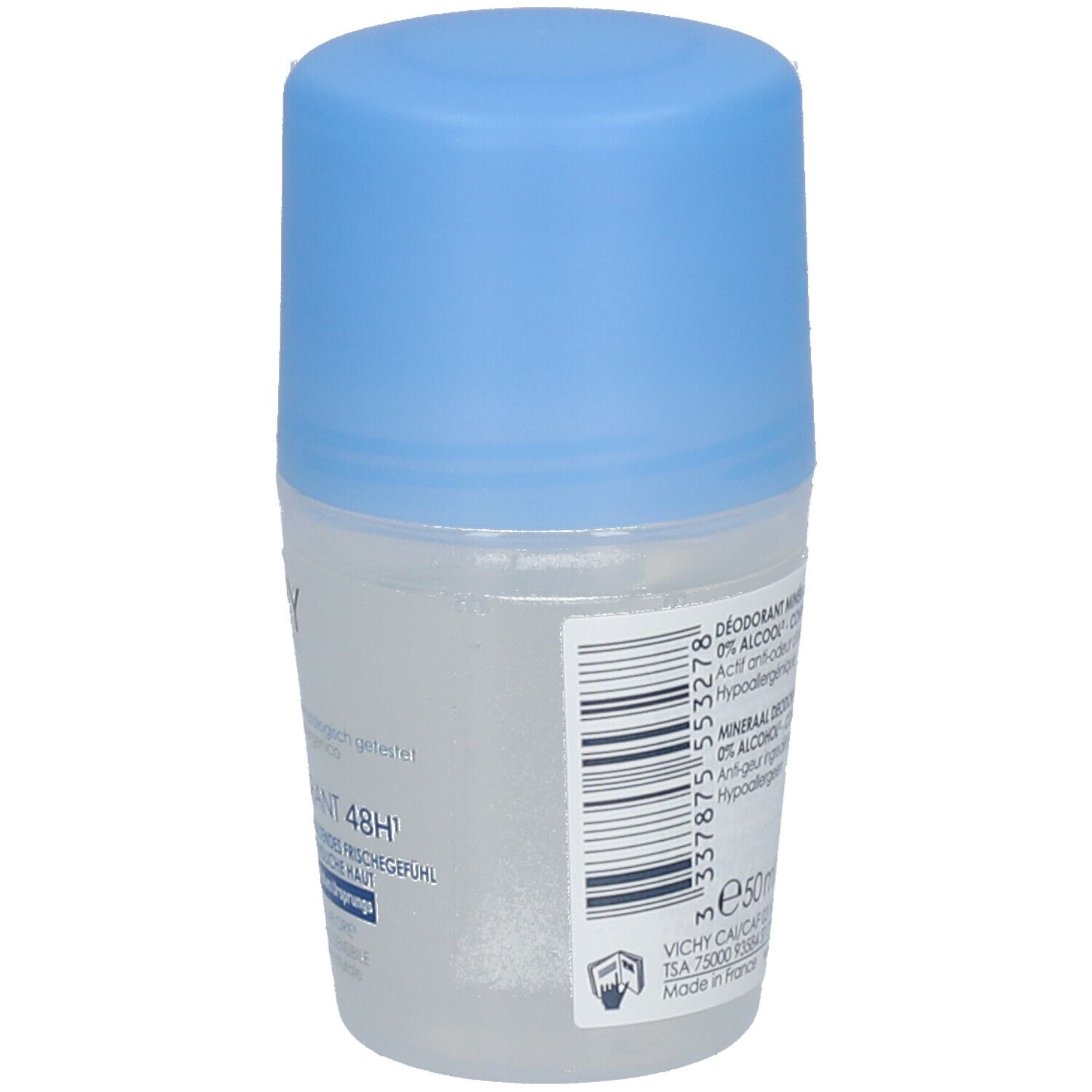 VICHY Mineral Deodorant 48h Roll-On. Weißes Gehäuse, blauer Deckel. Rückseite mit Produktinformationen und Barcode.
