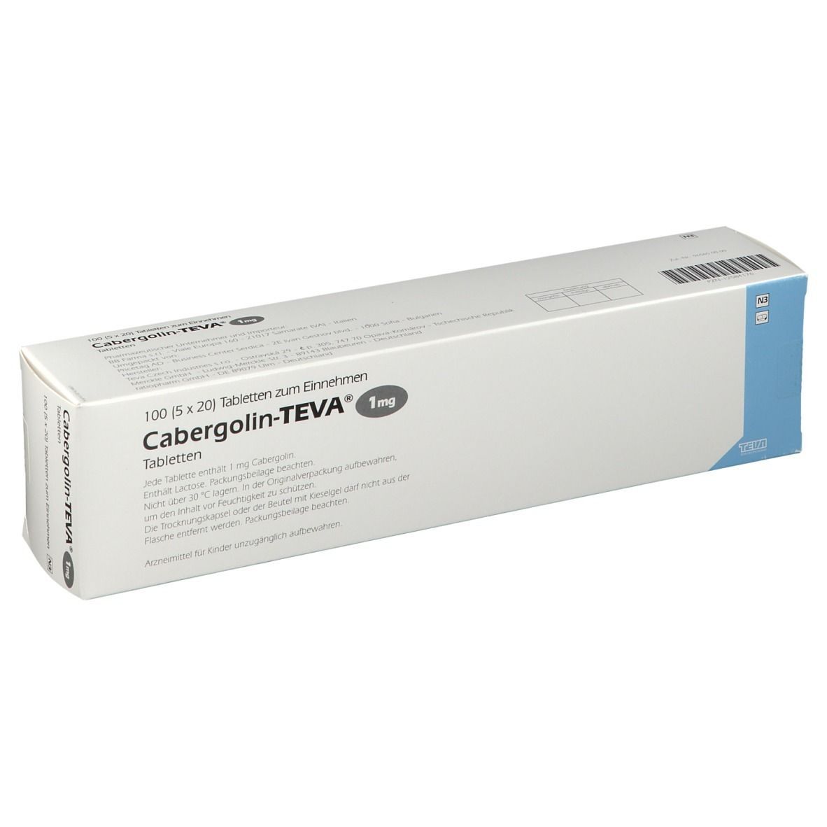 Weiße Schachtel mit Aufschrift Cabergolin-TEVA 1 mg Tabletten. Packungsinhalt: 100 Tabletten. Blaue Akzente.
