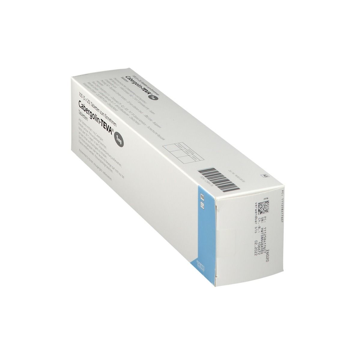 Schachtel Cabergolin-TEVA 1 mg Tabletten. Weiße Verpackung mit blauen Akzenten. Barcode und Text.