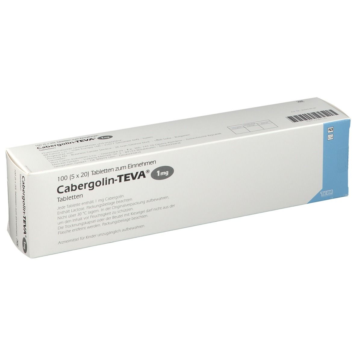 Weiße Schachtel mit Aufschrift Cabergolin-TEVA 1 mg Tabletten. Packungsinhalt: 100 Tabletten. Blaue Akzente.