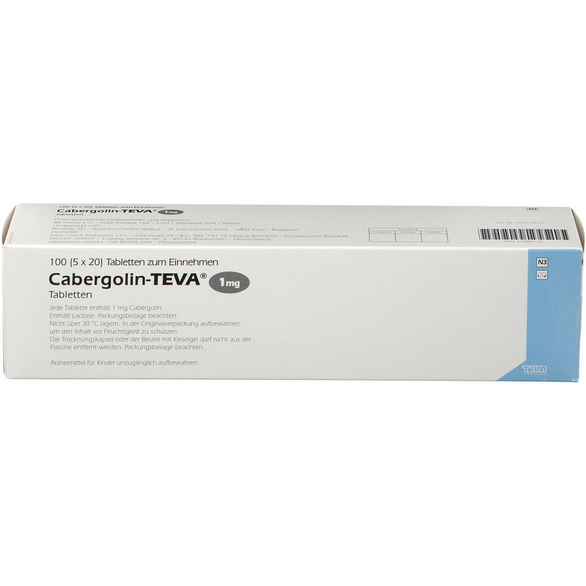 Weiße Schachtel Cabergolin-TEVA 1 mg Tabletten. Packungsinhalt: 100 Tabletten. Blaue Akzente.