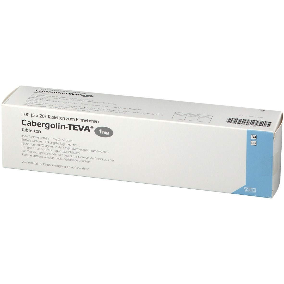 Weiße Schachtel Cabergolin-TEVA 1 mg Tabletten. Packungsinhalt: 100 Tabletten. Blaue Akzente.