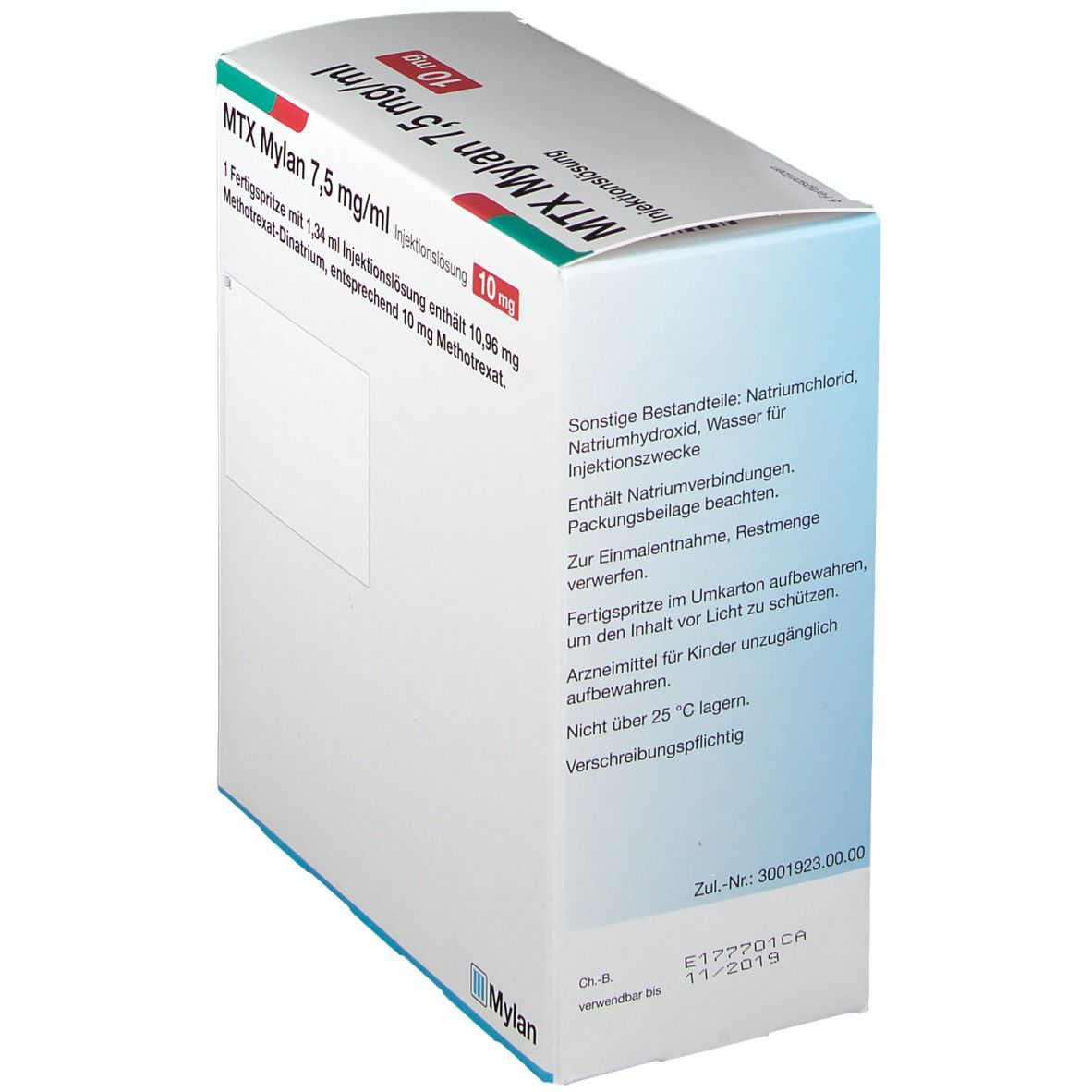 Weiße Faltschachtel mit roter und grüner Beschriftung. Aufdruck: MTX Mylan 7,5 mg/ml 10 mg. Mylan-Logo unten. Text auf der Rückseite.