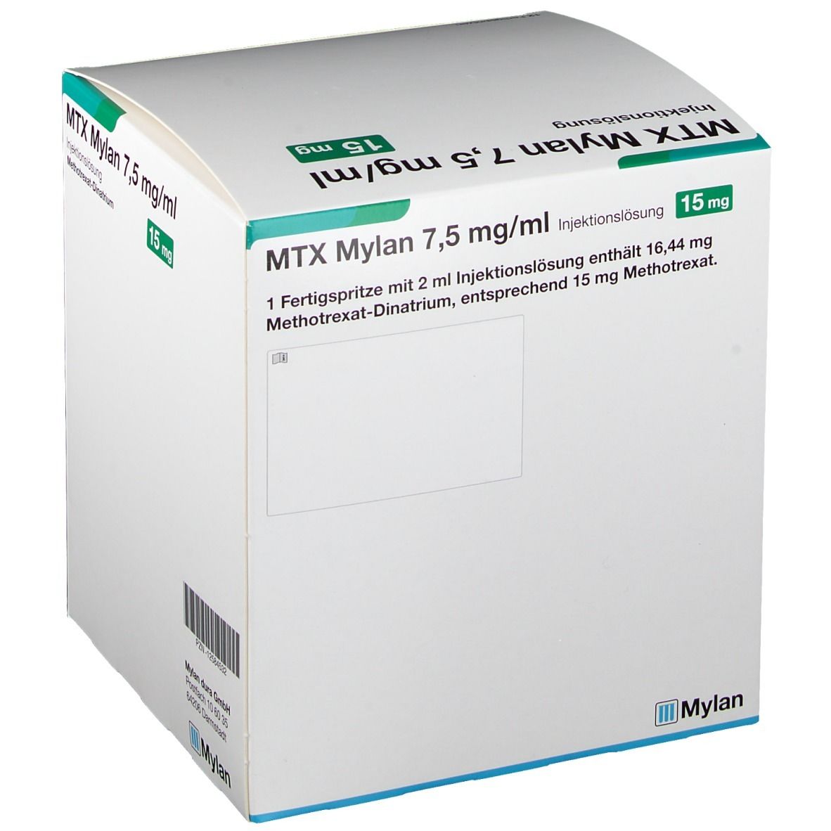 Weiße Faltschachtel, geöffnet. Aufdruck: MTX Mylan 7,5 mg/ml, 15 mg. Text über Inhaltsstoffe und Injektionslösung.