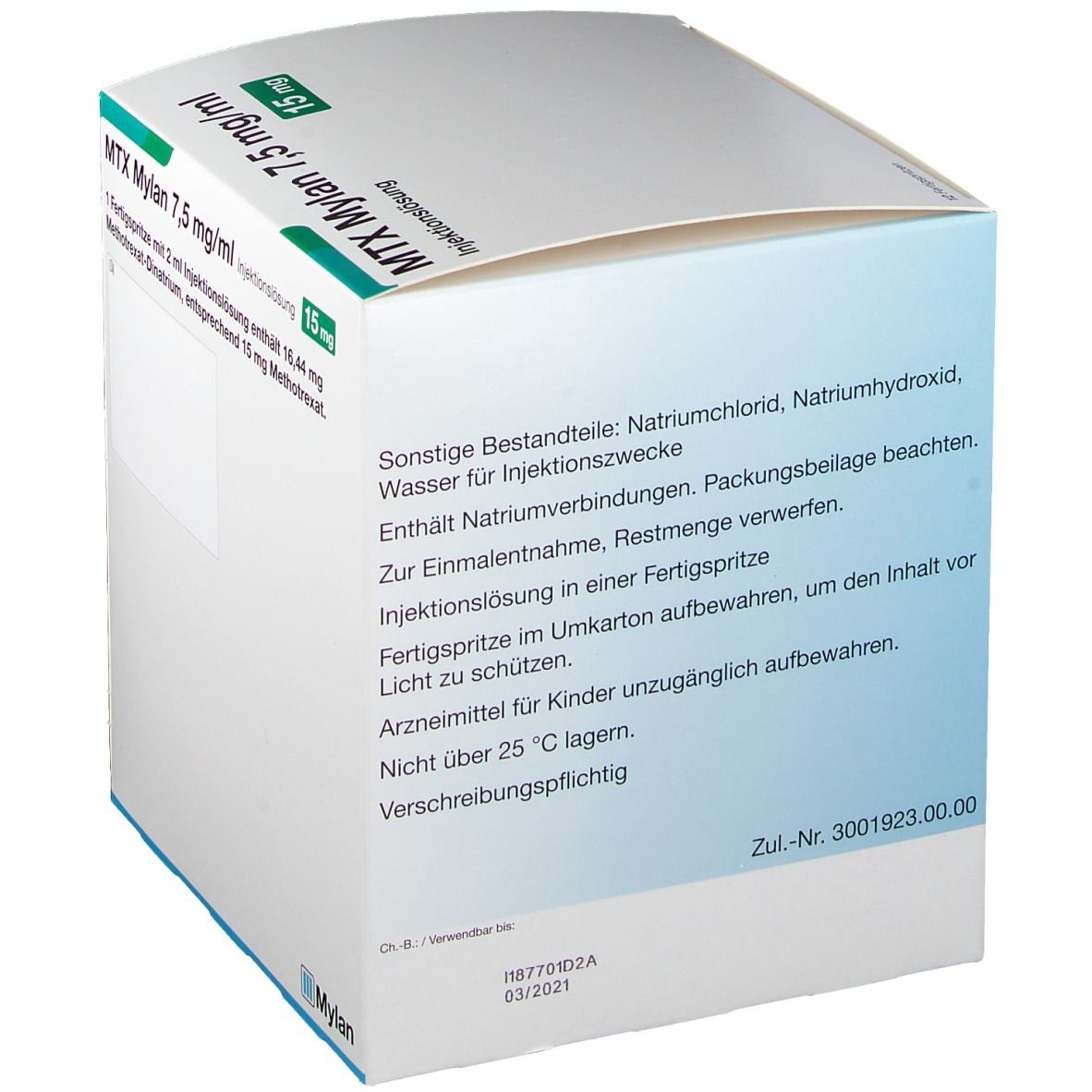 Weiße Faltschachtel mit Text. Aufdruck: Sonstige Bestandteile, Injektionslösung, Hinweise zur Anwendung. Mylan-Logo.