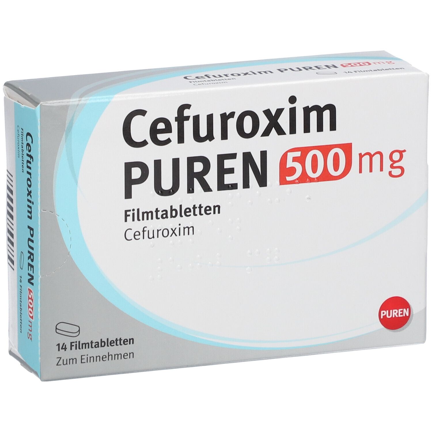 Cefuroxim PUREN 500 mg Filmtabletten Verpackung, leicht schräg von vorne.