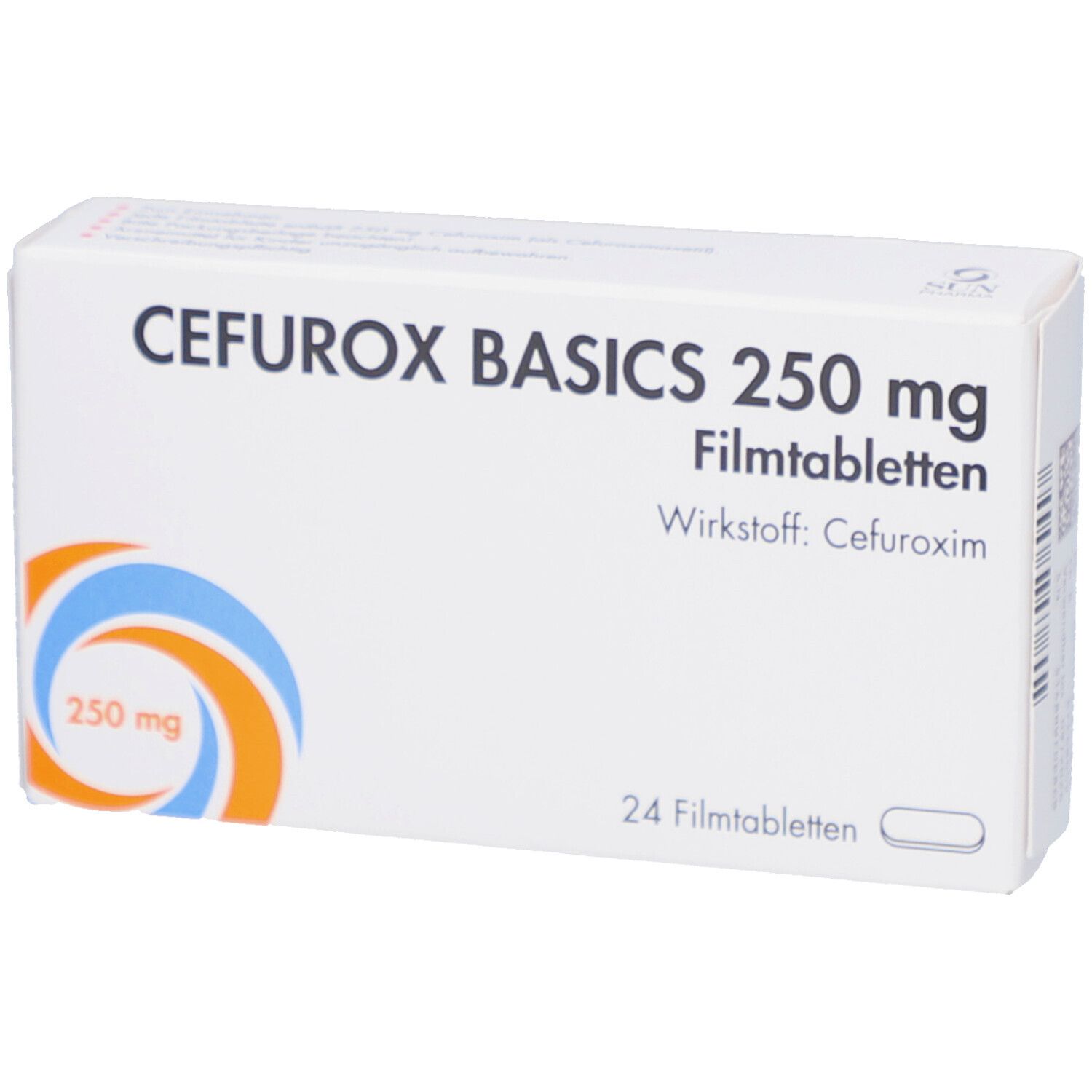 Weiße Schachtel mit Aufschrift CEFUROX BASICS 250 mg Filmtabletten. Enthält 24 Tabletten. Wirkstoff: Cefuroxim. Logo mit blauen und orangen Kreisen.