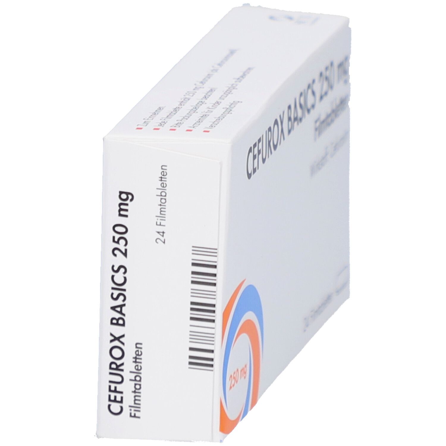 Weiße Schachtel mit Aufschrift CEFUROX BASICS 250 mg Filmtabletten. Enthält 24 Tabletten. Wirkstoff: Cefuroxim. Barcode auf der Seite. Logo mit blauen und orangen Kreisen.