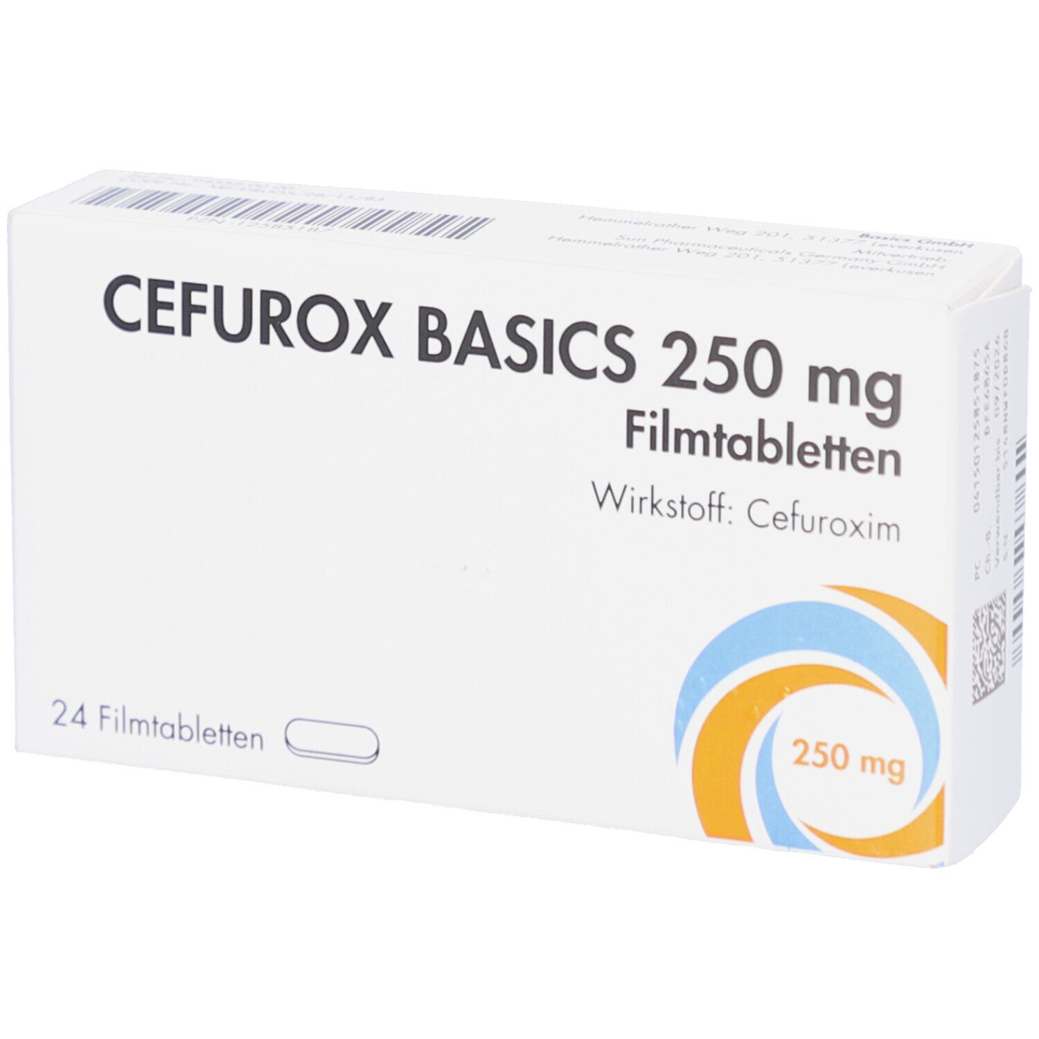 Weiße Schachtel mit Aufschrift CEFUROX BASICS 250 mg Filmtabletten. Enthält 24 Tabletten. Wirkstoff: Cefuroxim. Logo mit blauen und orangen Kreisen.