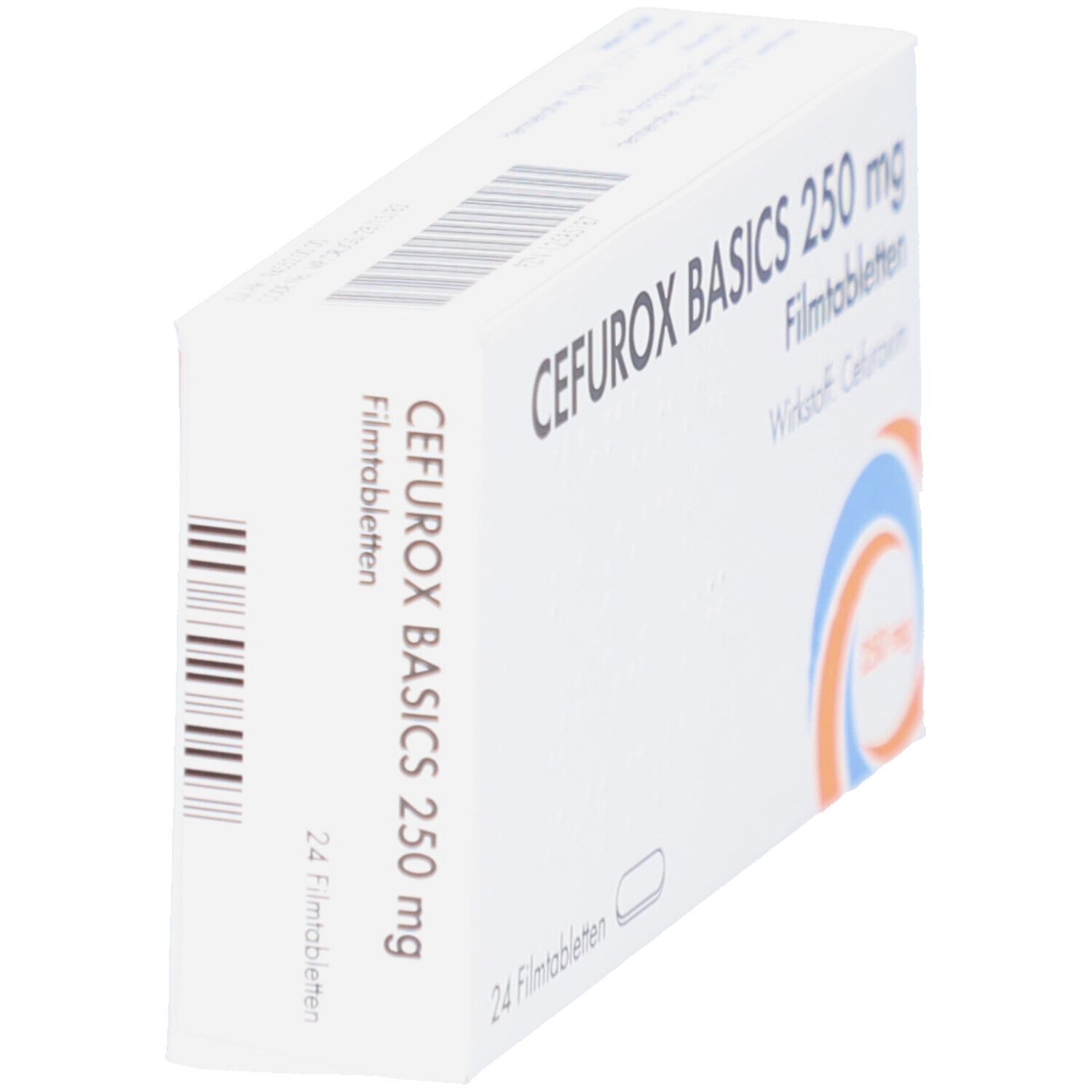 Weiße Schachtel mit Aufschrift CEFUROX BASICS 250 mg Filmtabletten. Enthält 24 Tabletten. Wirkstoff: Cefuroxim. Barcode auf der Seite. Logo mit blauen und orangen Kreisen.