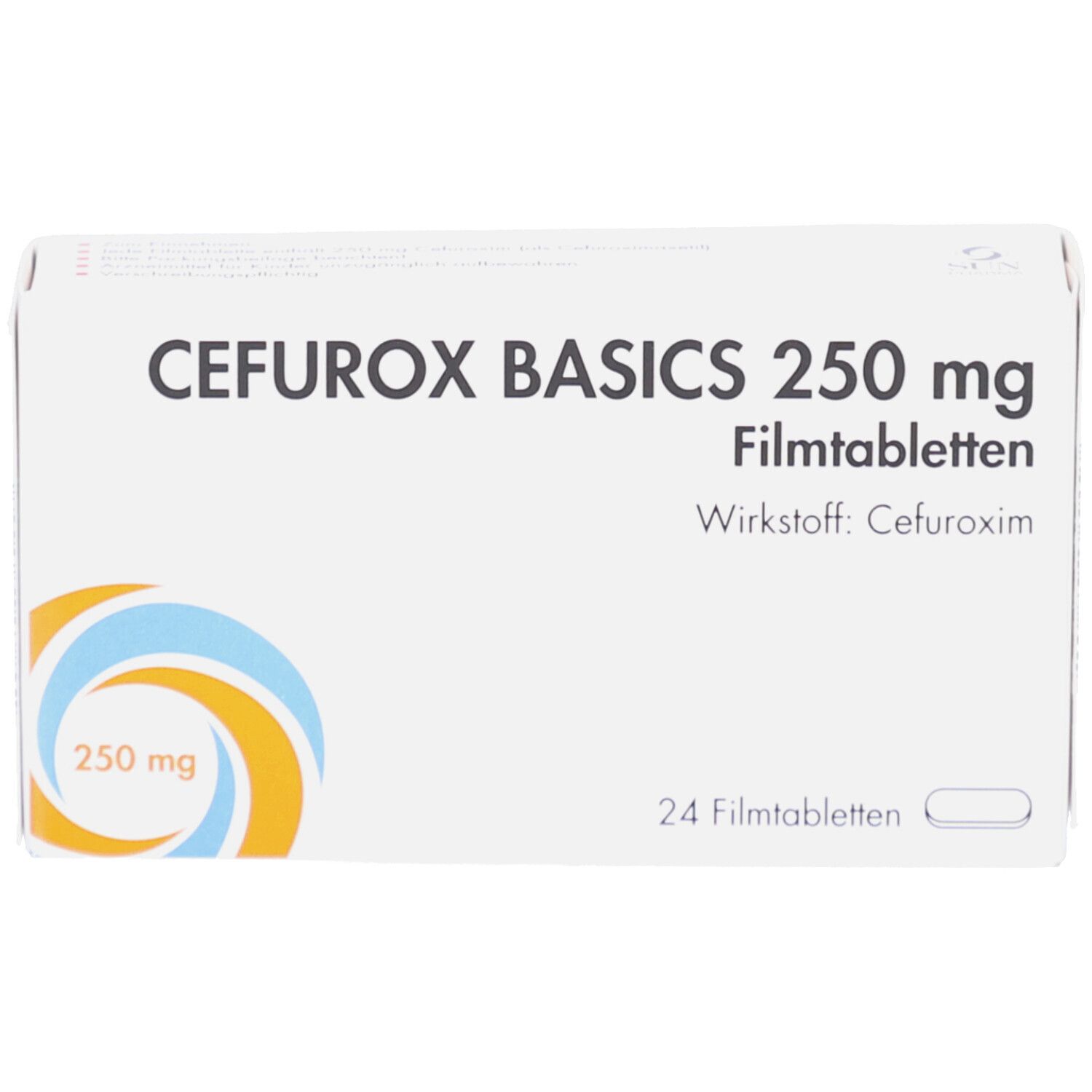 Weiße Schachtel mit Aufschrift CEFUROX BASICS 250 mg Filmtabletten. Enthält 24 Tabletten. Wirkstoff: Cefuroxim. Logo mit blauen und orangen Kreisen.