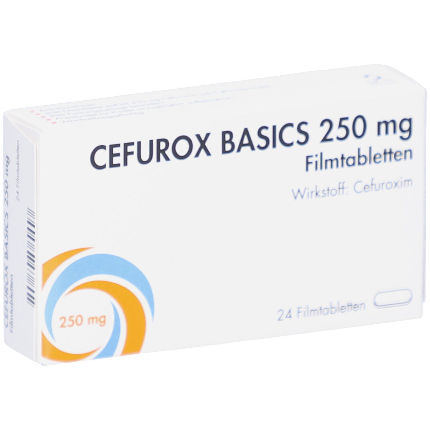 Weiße Schachtel mit Aufschrift CEFUROX BASICS 250 mg Filmtabletten. Enthält 24 Tabletten. Wirkstoff: Cefuroxim. Logo mit blauen und orangen Kreisen.