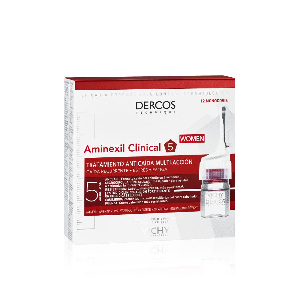 Verpackung von Dercos Aminexil Clinical 5. Enthält 12 Monodosen. Für Frauen. Anti-Haarausfall-Behandlung.