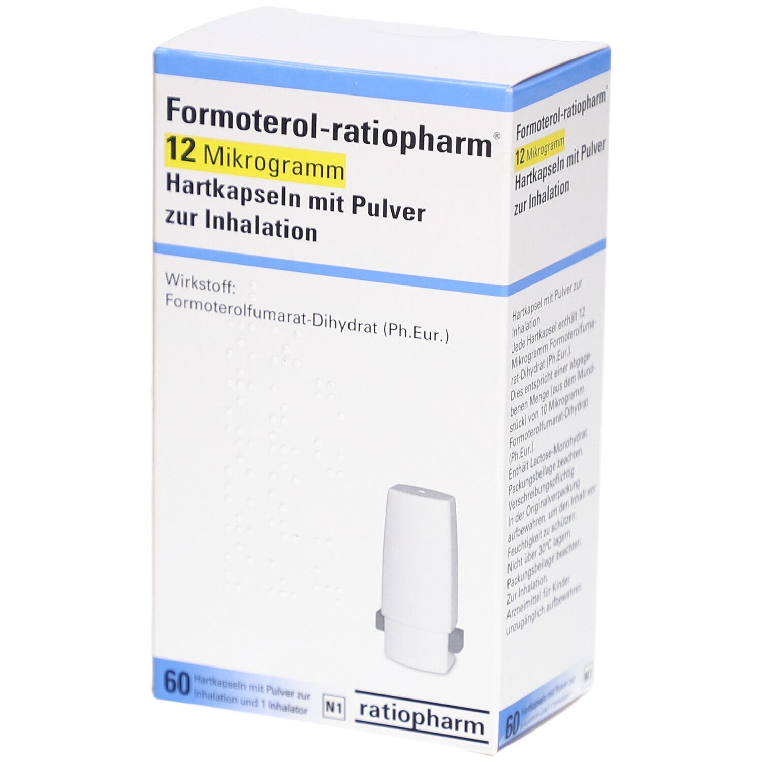 Schachtel mit Produktinformationen. Aufschrift: Formoterol-ratiopharm 12 Mikrogramm Hartkapseln mit Pulver zur Inhalation. Enthält 60 Kapseln.
