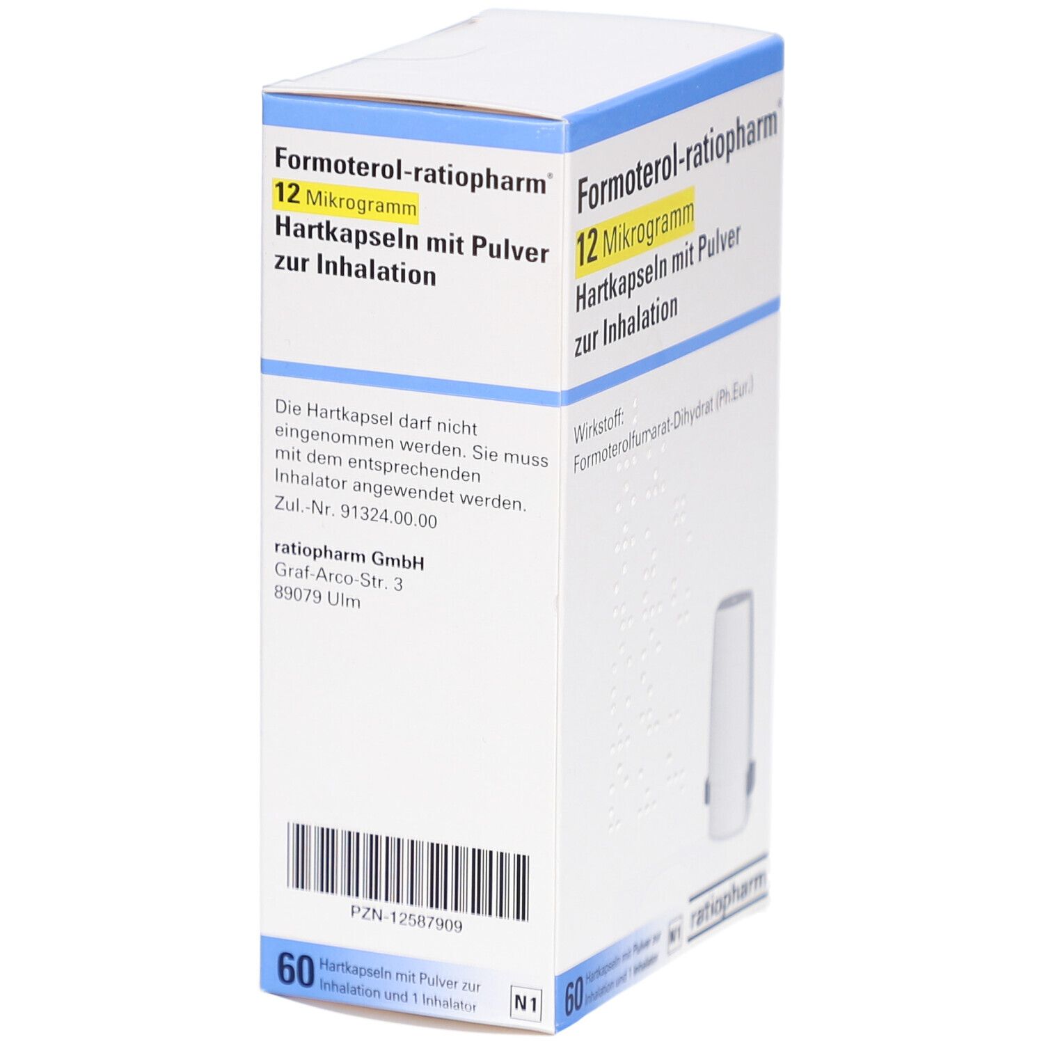 Schachtel mit Produktinformationen. Aufschrift: Formoterol-ratiopharm 12 Mikrogramm Hartkapseln mit Pulver zur Inhalation. Enthält 60 Kapseln.