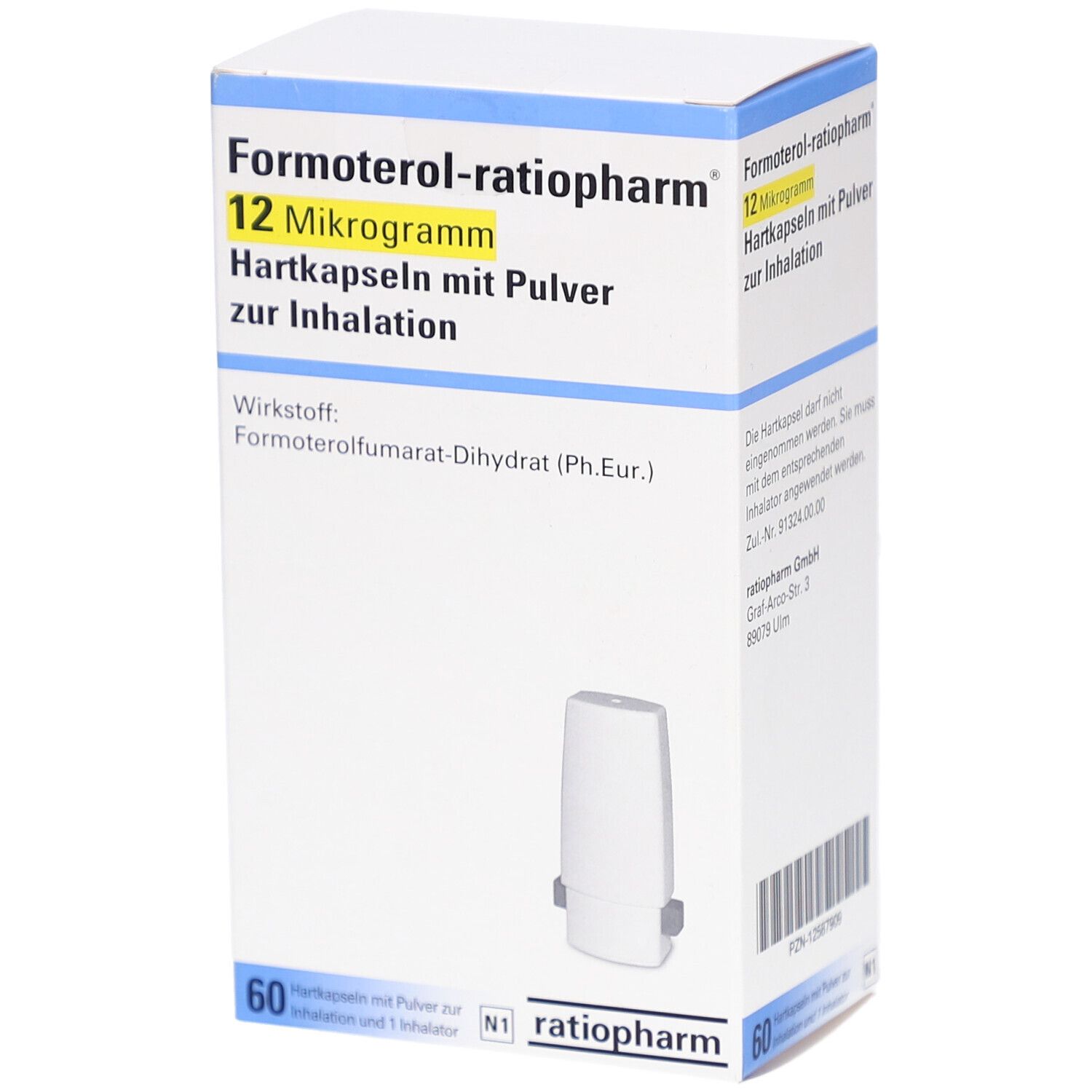 Schachtel mit Produktinformationen. Aufschrift: Formoterol-ratiopharm 12 Mikrogramm Hartkapseln mit Pulver zur Inhalation. Enthält 60 Kapseln.