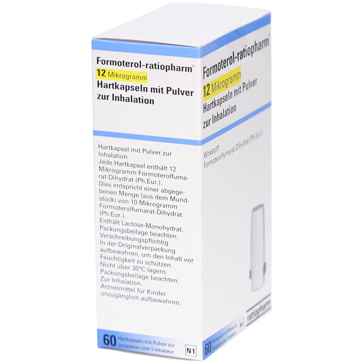 Schachtel mit Produktinformationen. Aufschrift: Formoterol-ratiopharm 12 Mikrogramm Hartkapseln mit Pulver zur Inhalation. Enthält 60 Kapseln.