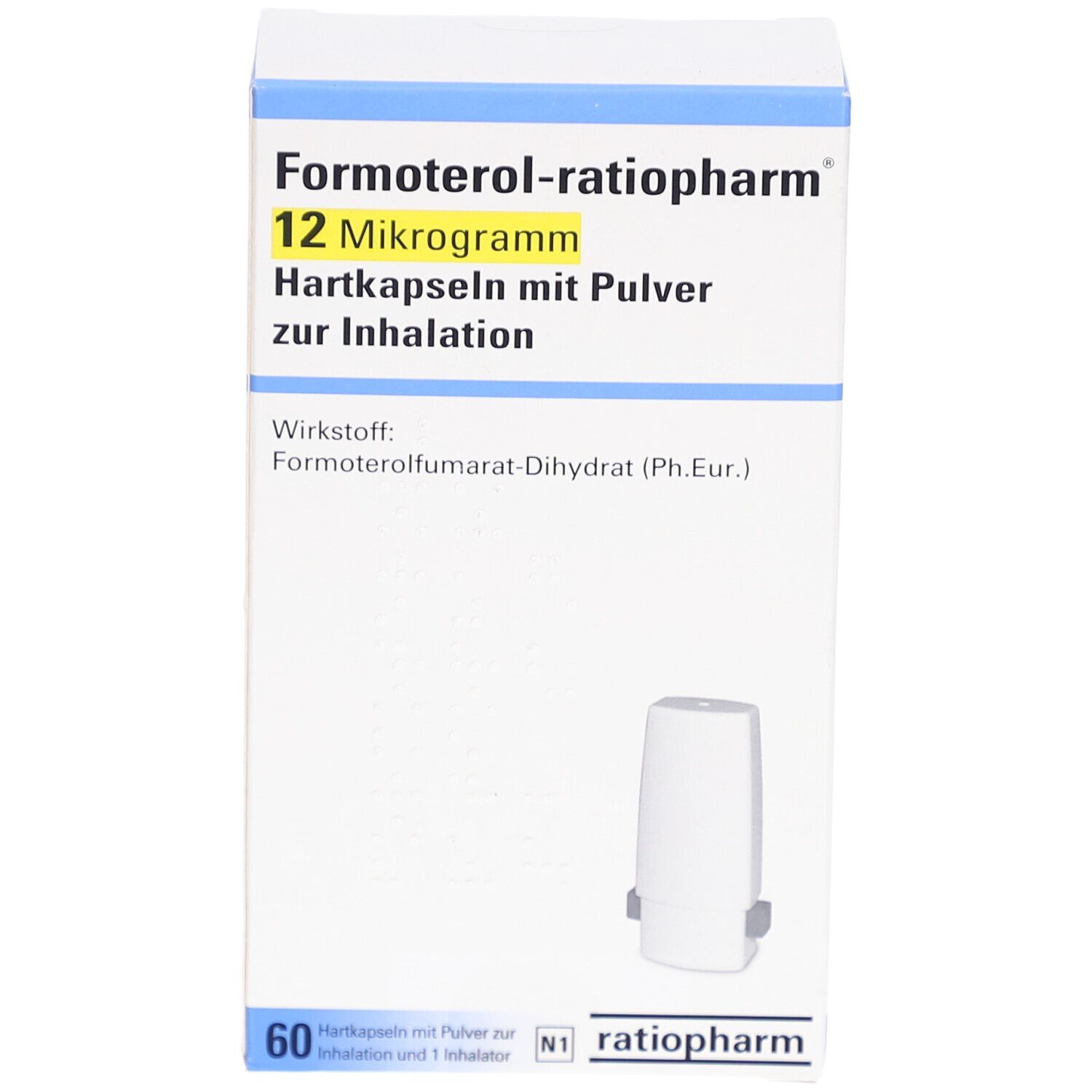 Schachtel mit Produktinformationen. Aufschrift: Formoterol-ratiopharm 12 Mikrogramm Hartkapseln mit Pulver zur Inhalation. Enthält 60 Kapseln.