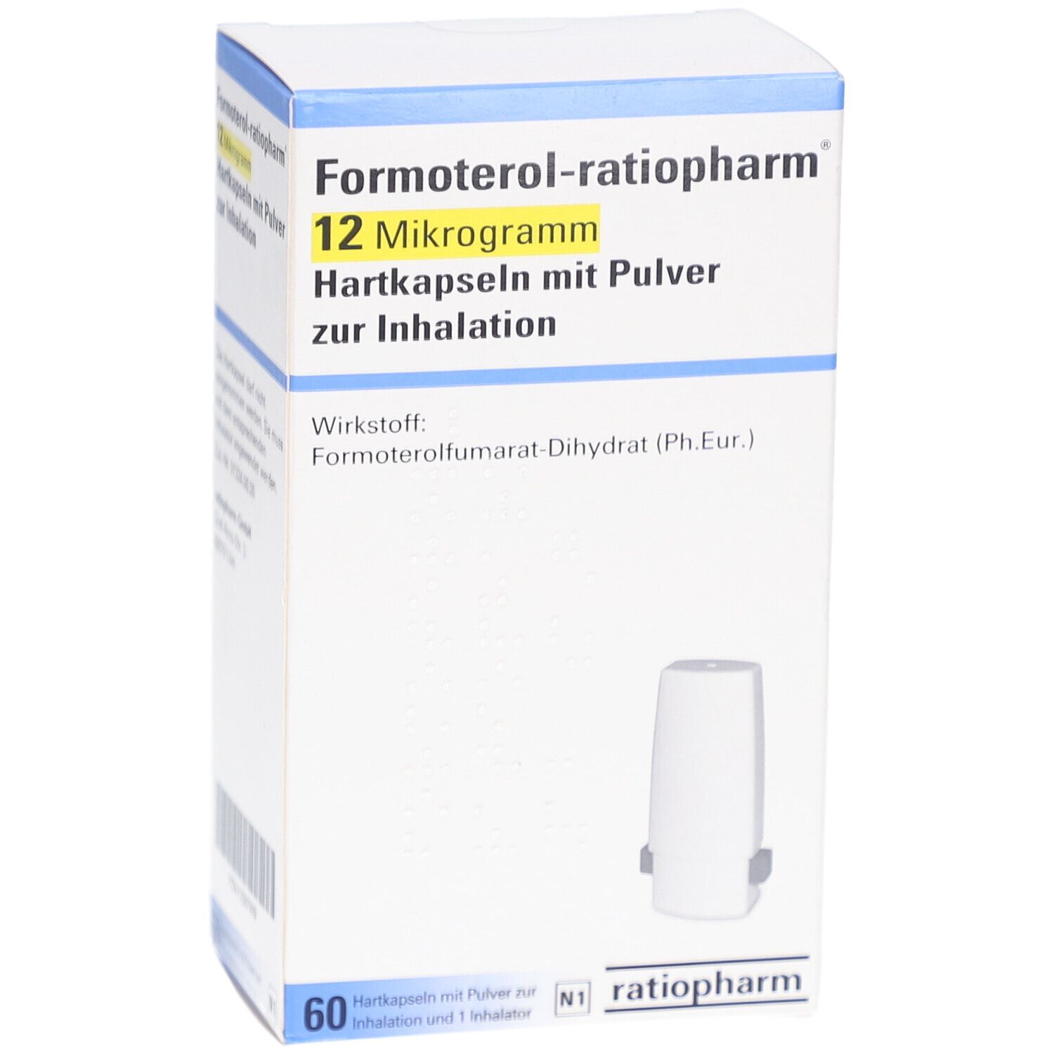 Schachtel mit Produktinformationen. Aufschrift: Formoterol-ratiopharm 12 Mikrogramm Hartkapseln mit Pulver zur Inhalation. Enthält 60 Kapseln.