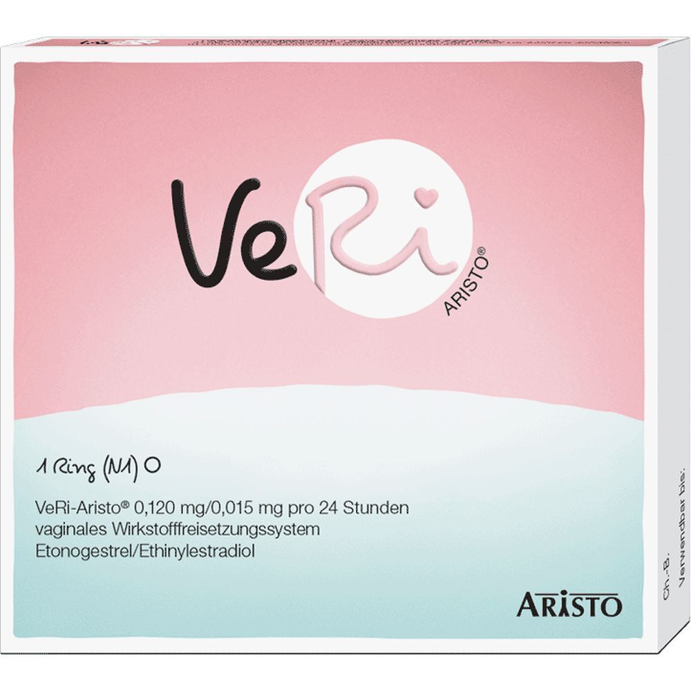 Verpackung mit Produktlogo VeRi und ARISTO-Schriftzug. Text: 1 Ring (N1) O, Wirkstofffreisetzungssystem.