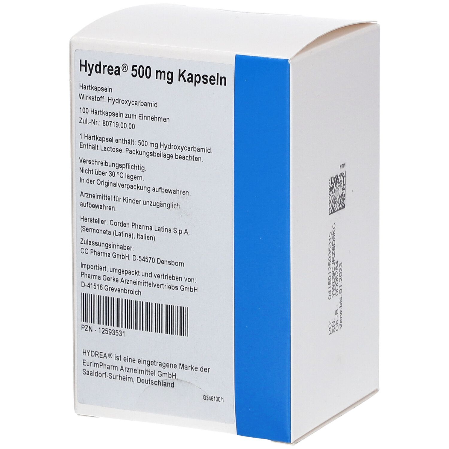 Schachtel mit Aufschrift Hydrea 500 mg Kapseln. Enthält Informationen zu Inhaltsstoffen und Hersteller. PZN-Code sichtbar.