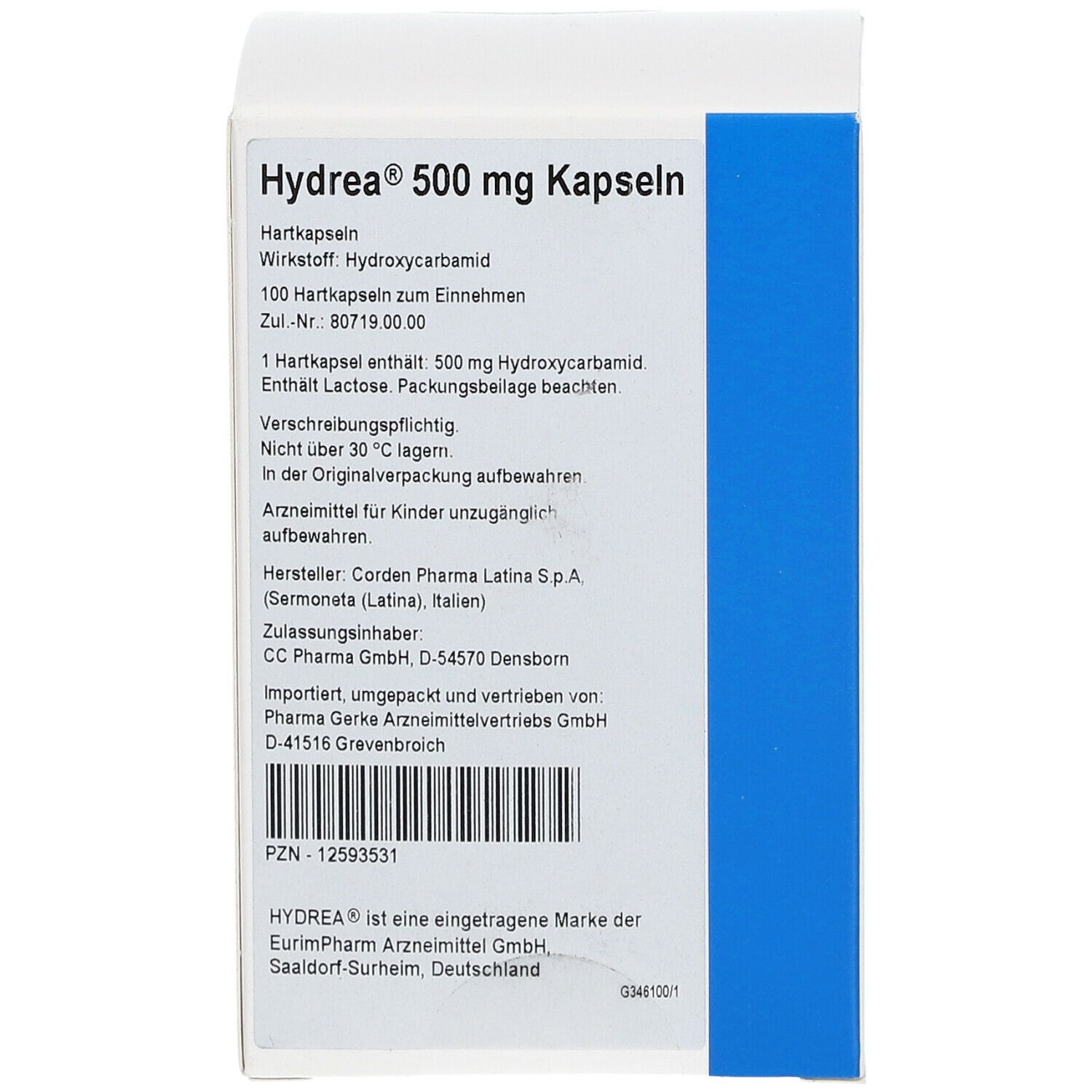 Geöffnete Schachtel mit Aufschrift Hydrea 500 mg Kapseln. Informationen zu Inhaltsstoffen und Hersteller.