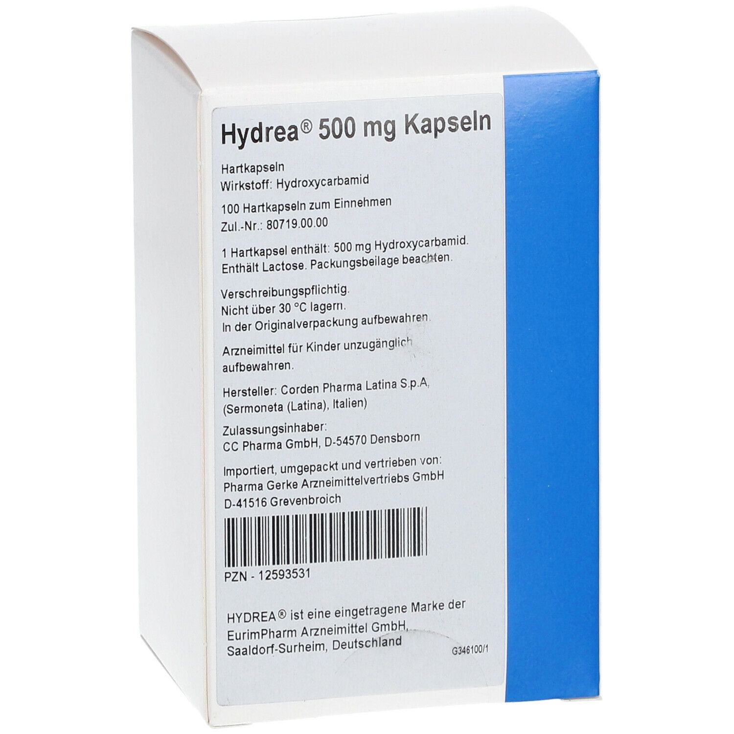 Schachtel Hydrea 500 mg Kapseln. Blaue Akzente. Informationen zu Inhaltsstoffen und Hersteller.