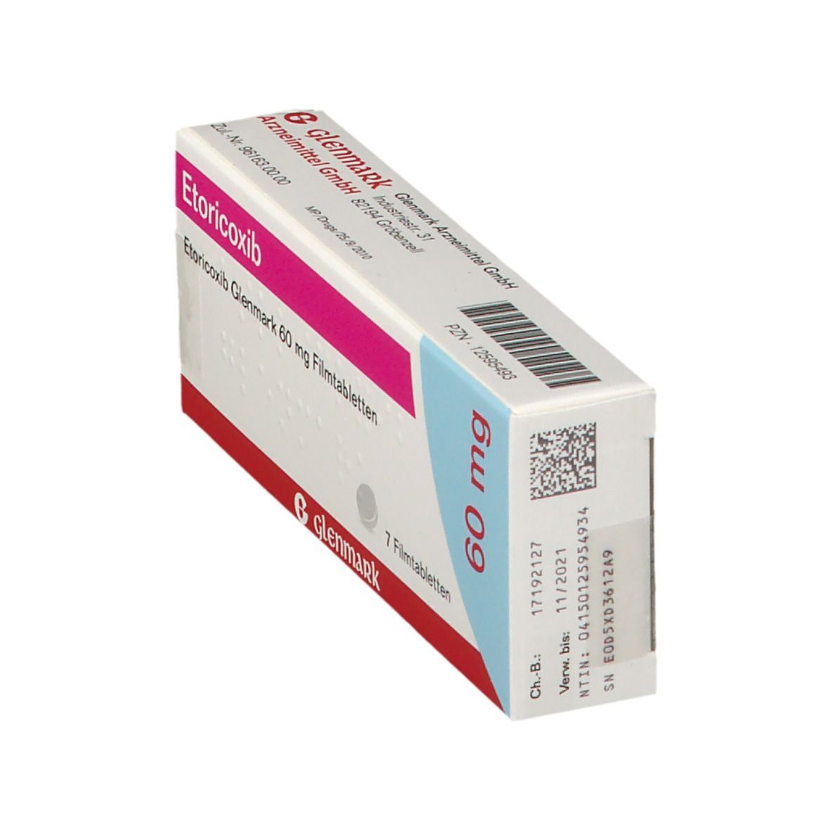 Etoricoxib Glenmark 60 mg Packung. 7 Filmtabletten. Pink und weißes Design. Glenmark Logo.