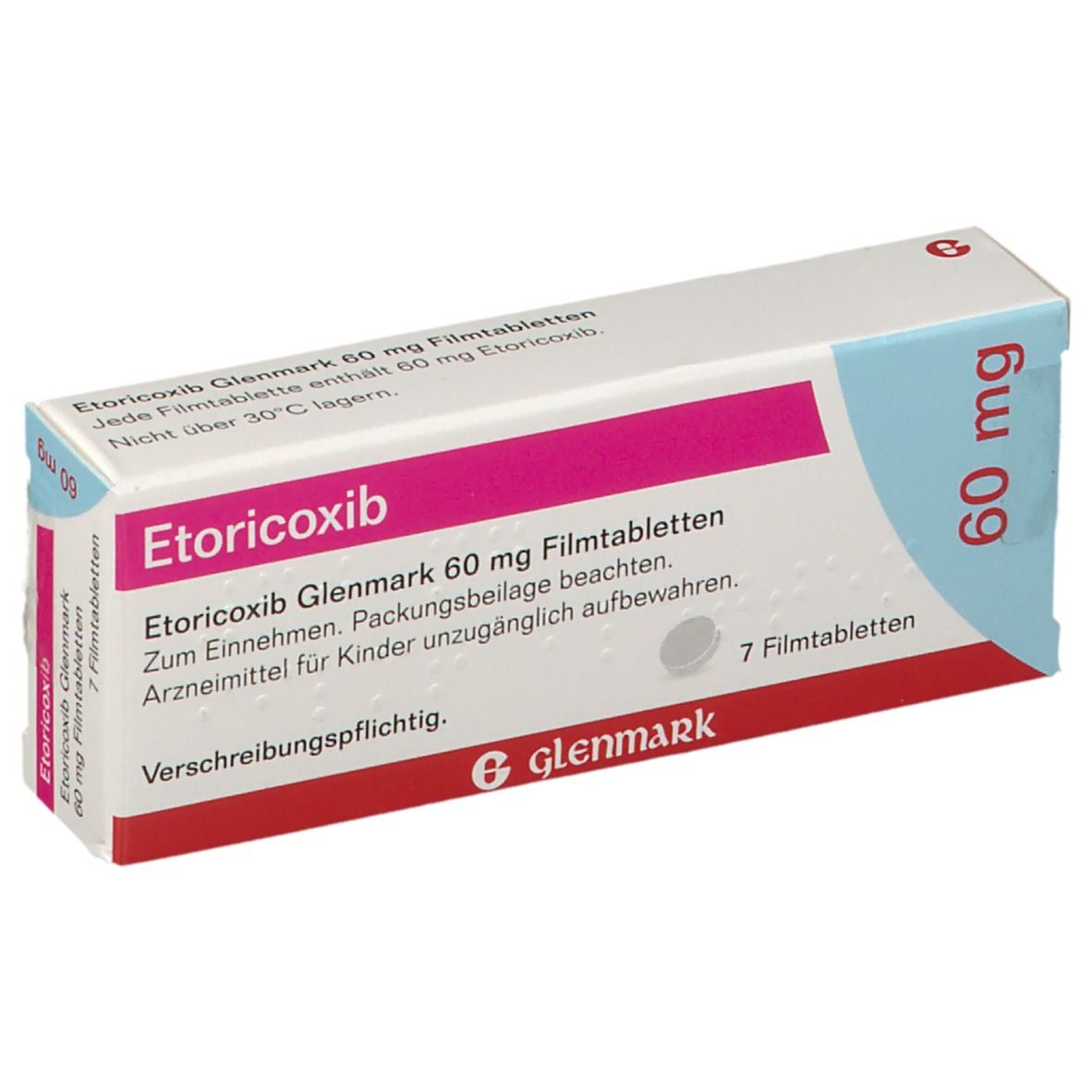 Etoricoxib Glenmark 60 mg Packung. 7 Filmtabletten. Pink und weißes Design. Glenmark Logo.