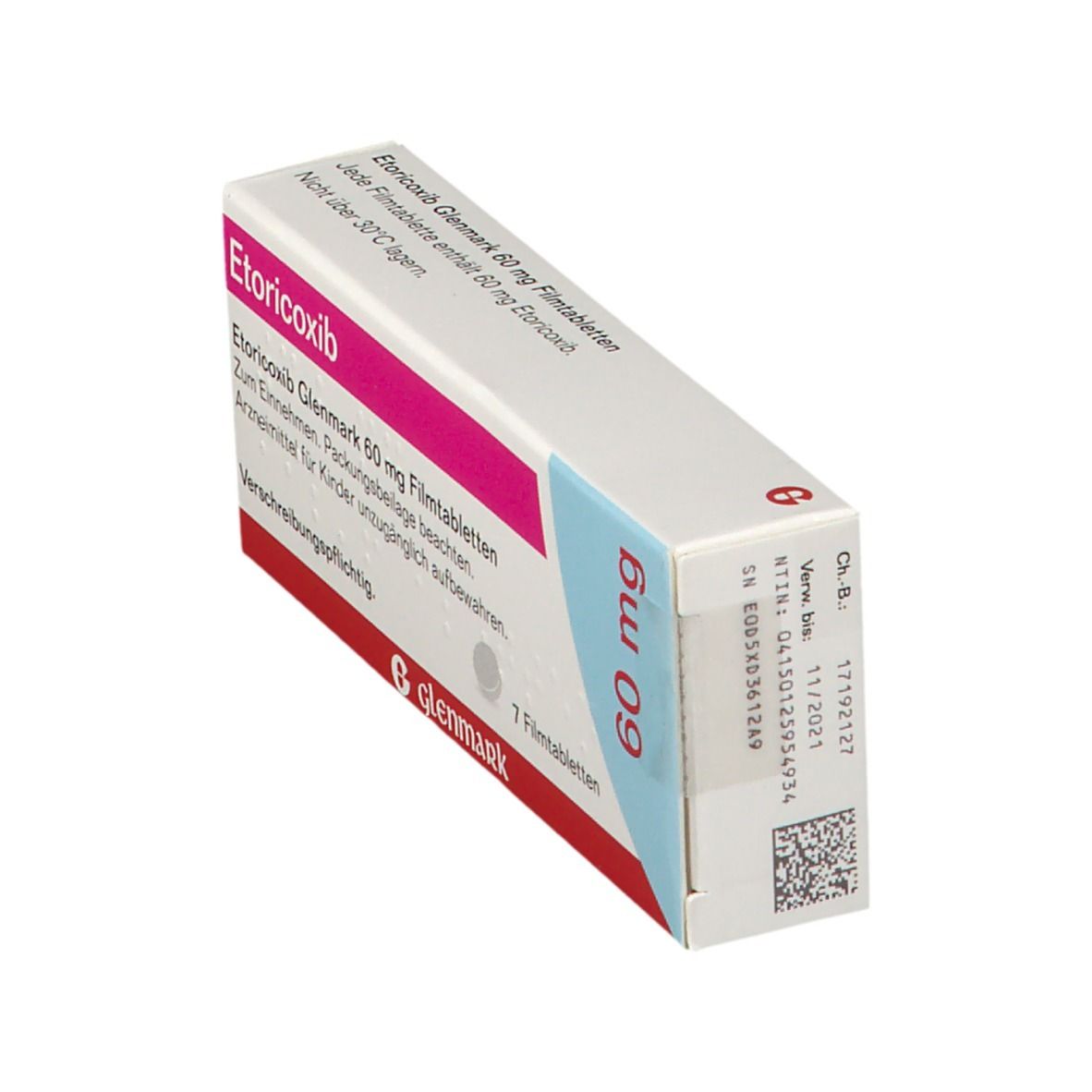 Etoricoxib Glenmark 60 mg Packung. 7 Filmtabletten. Pink und weißes Design. Glenmark Logo.
