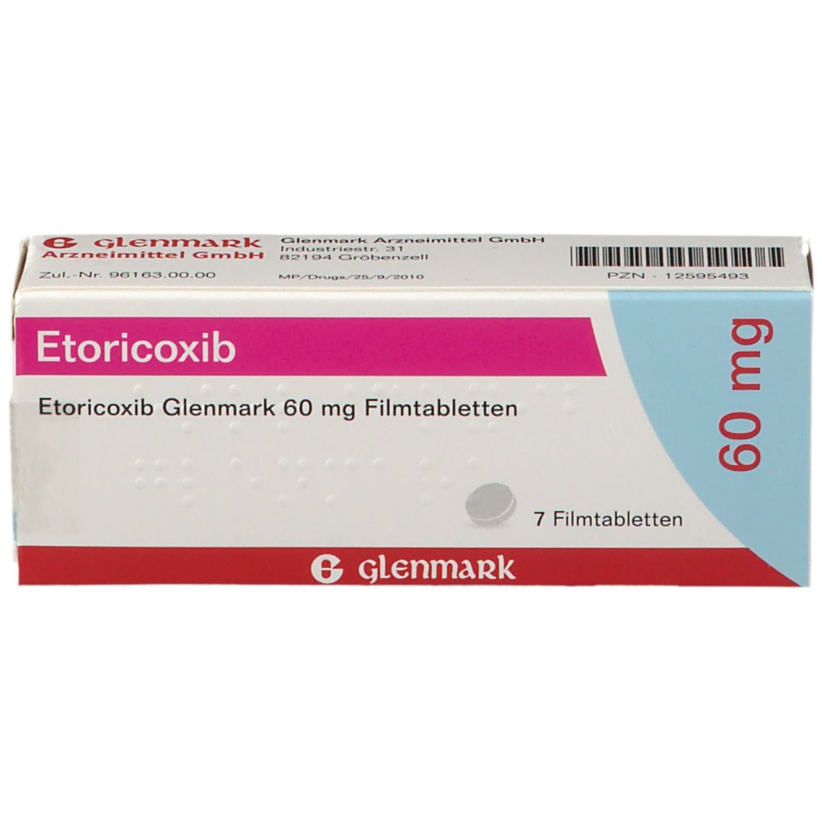 Etoricoxib Glenmark 60 mg Packung. 7 Filmtabletten. Pink und weißes Design. Glenmark Logo.