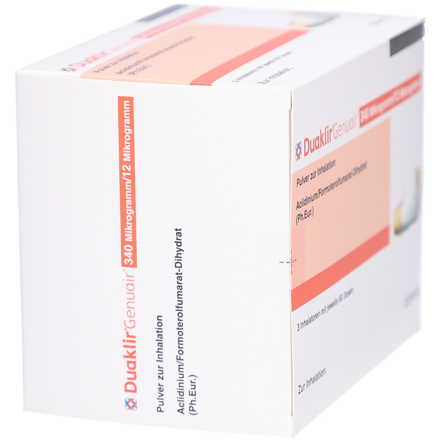 Karton von Duaklir Genuair. Aufschrift: 340 Mikrogramm/12 Mikrogramm. Enthält Pulver zur Inhalation. Seitenansicht.