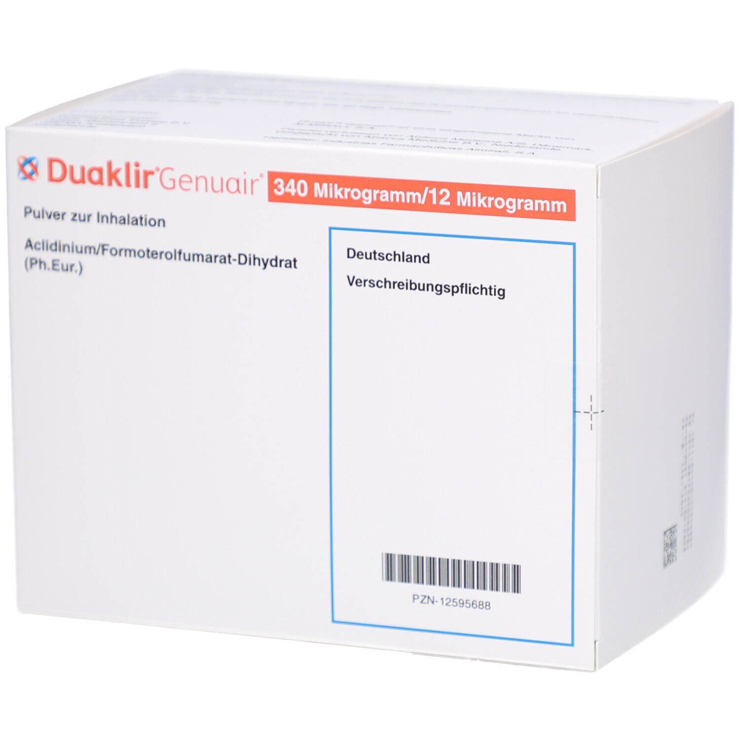 Karton von Duaklir Genuair. Aufschrift: 340 Mikrogramm/12 Mikrogramm. Enthält Pulver zur Inhalation. Mit Deutschland-Hinweis.