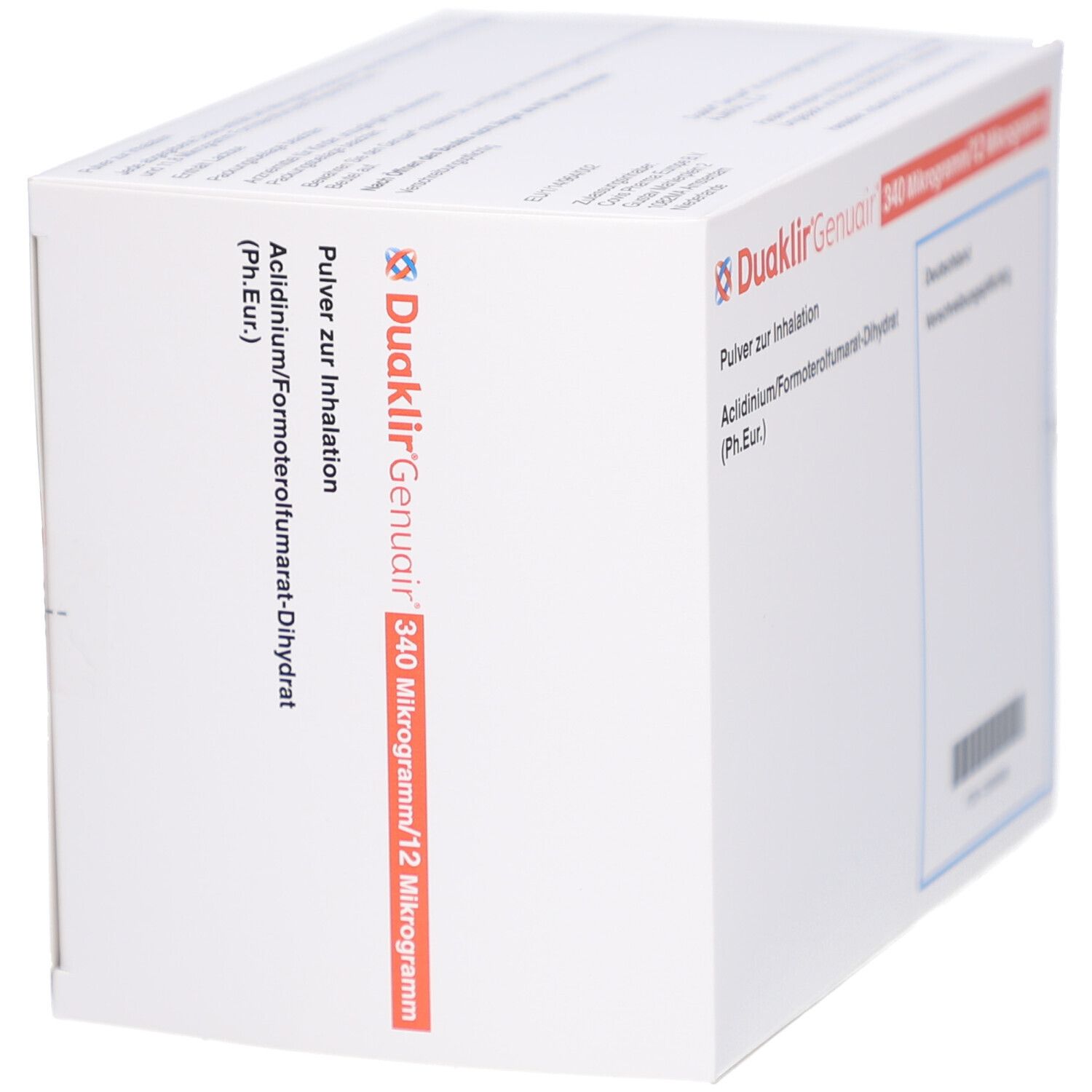 Karton von Duaklir Genuair. Aufschrift: 340 Mikrogramm/12 Mikrogramm. Enthält Pulver zur Inhalation. Schrägansicht.